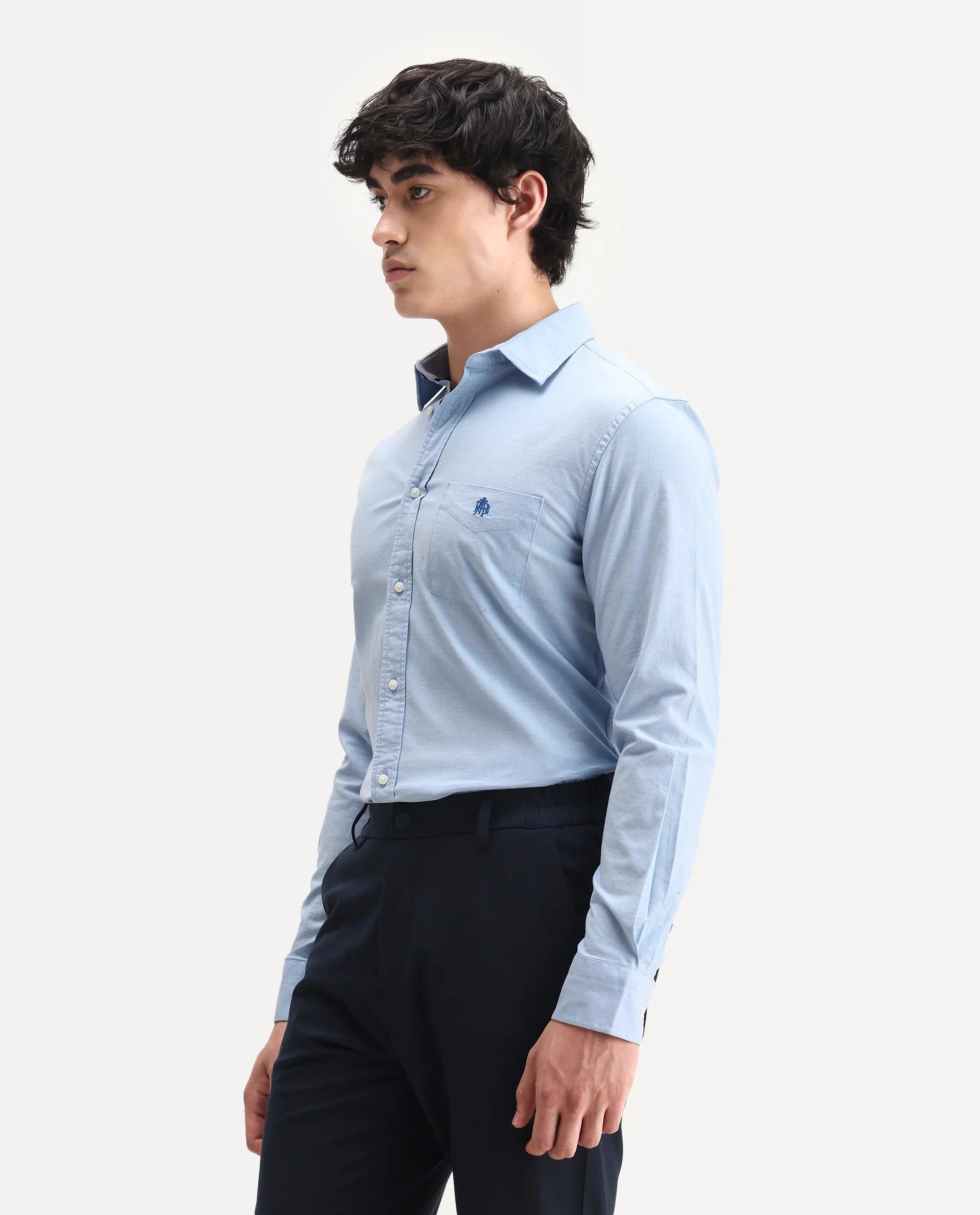 Rare Rabbit Men's Oxo Light Blue Cotton Blend Embroidered Regular Fit Full Sleeve Collared Shirt