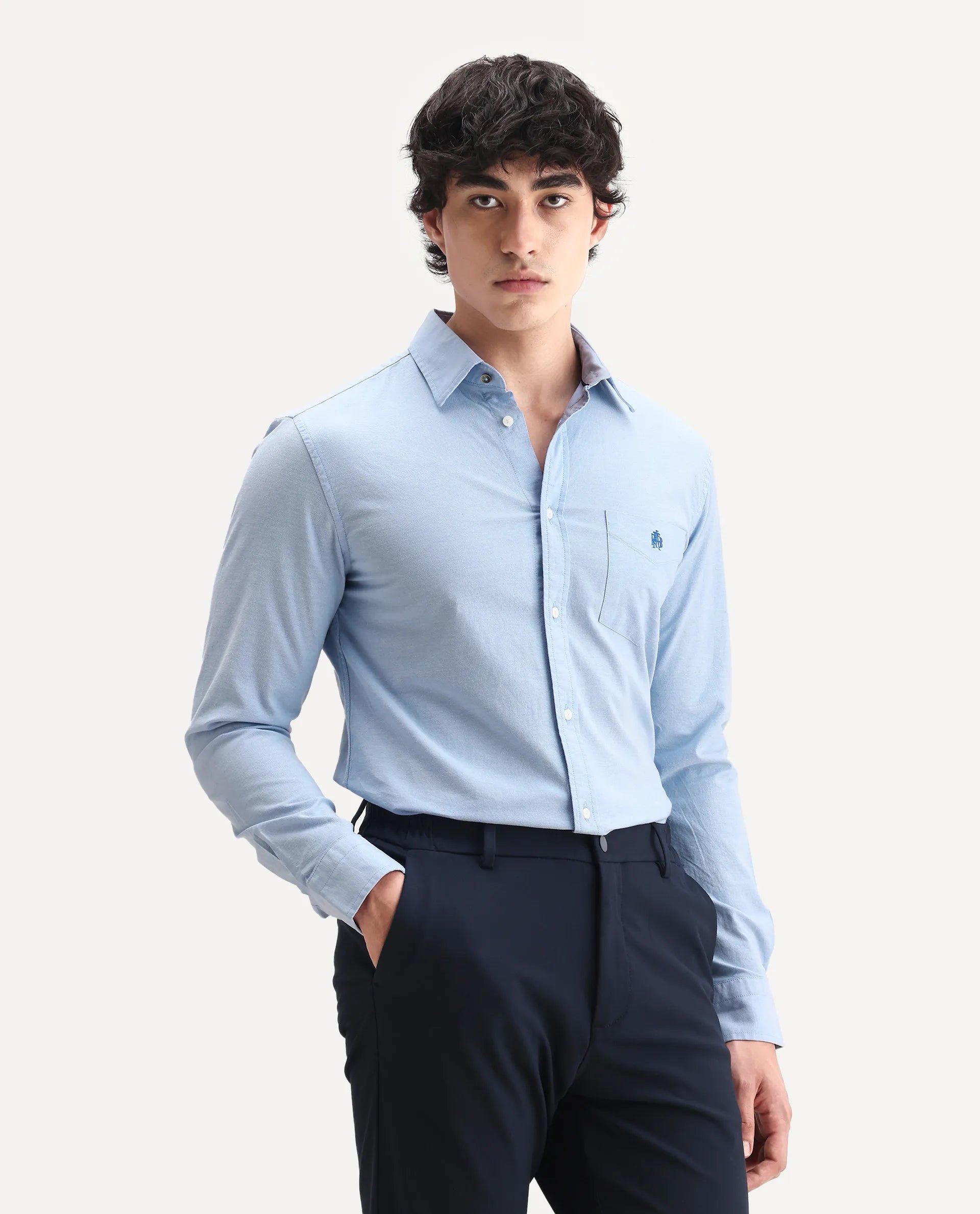 Rare Rabbit Men's Oxo Light Blue Cotton Blend Embroidered Regular Fit Full Sleeve Collared Shirt