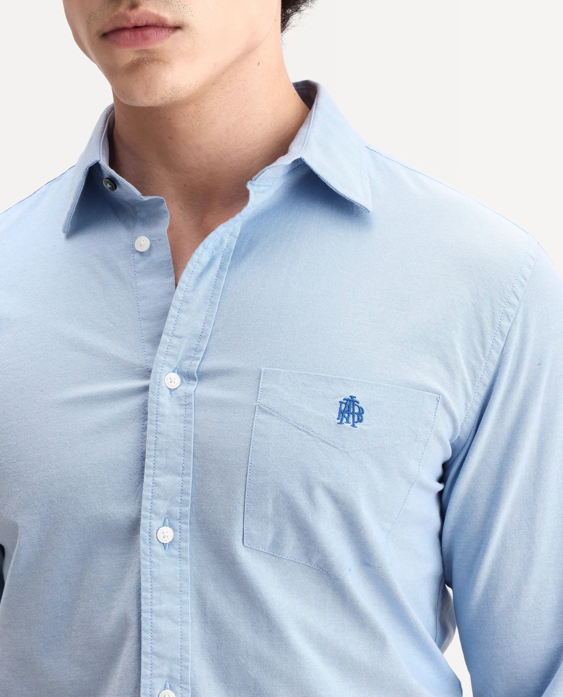 Rare Rabbit Men's Oxo Light Blue Cotton Blend Embroidered Regular Fit Full Sleeve Collared Shirt