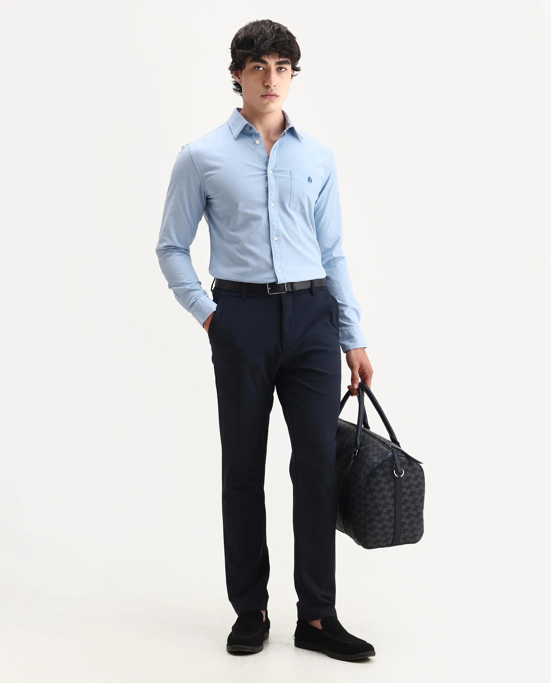 Rare Rabbit Men's Oxo Light Blue Cotton Blend Embroidered Regular Fit Full Sleeve Collared Shirt