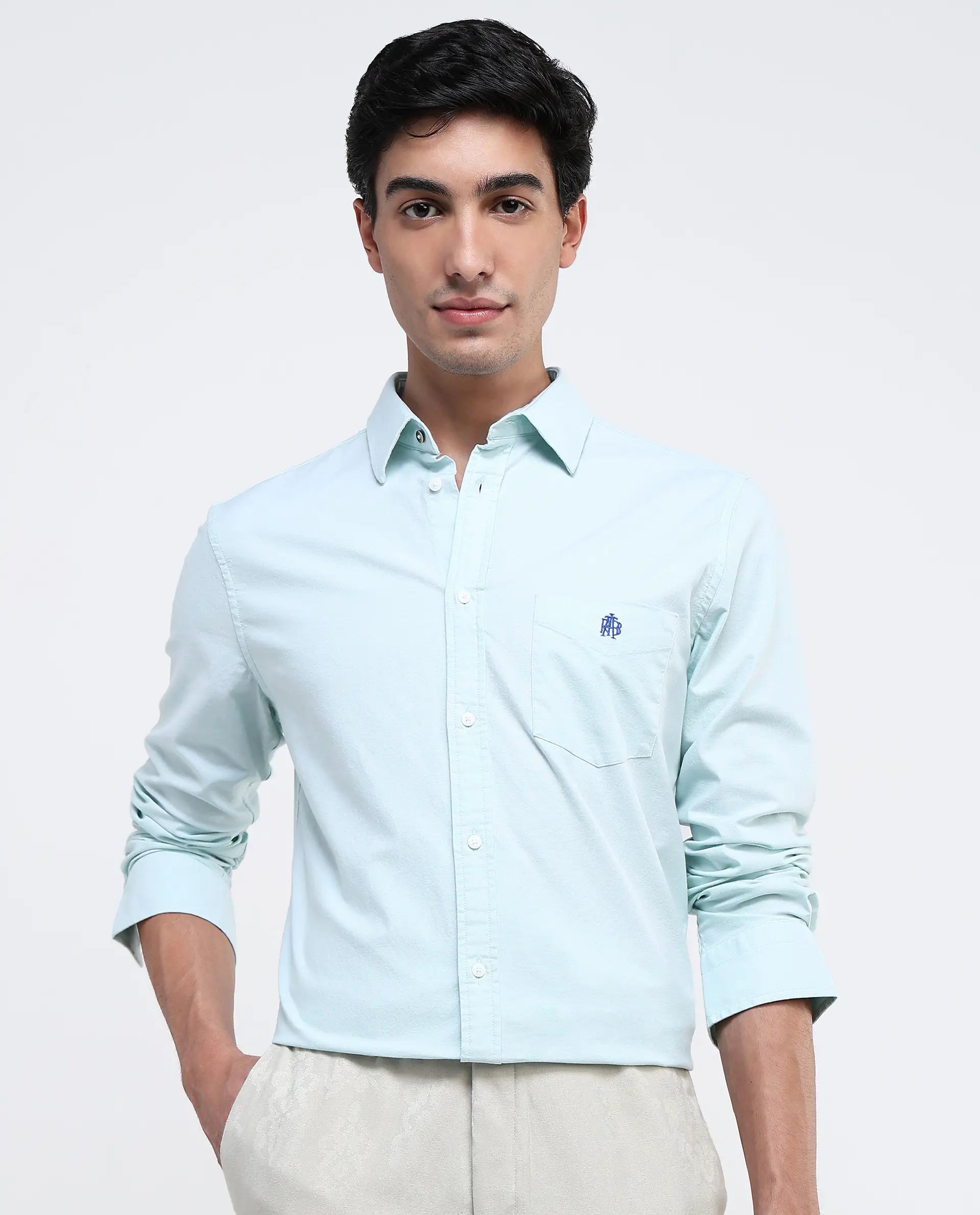 Rare Rabbit Men Oxo Pastel Green Full Sleeve Collared Neck Button Closure Regular Fit Plain Shirt