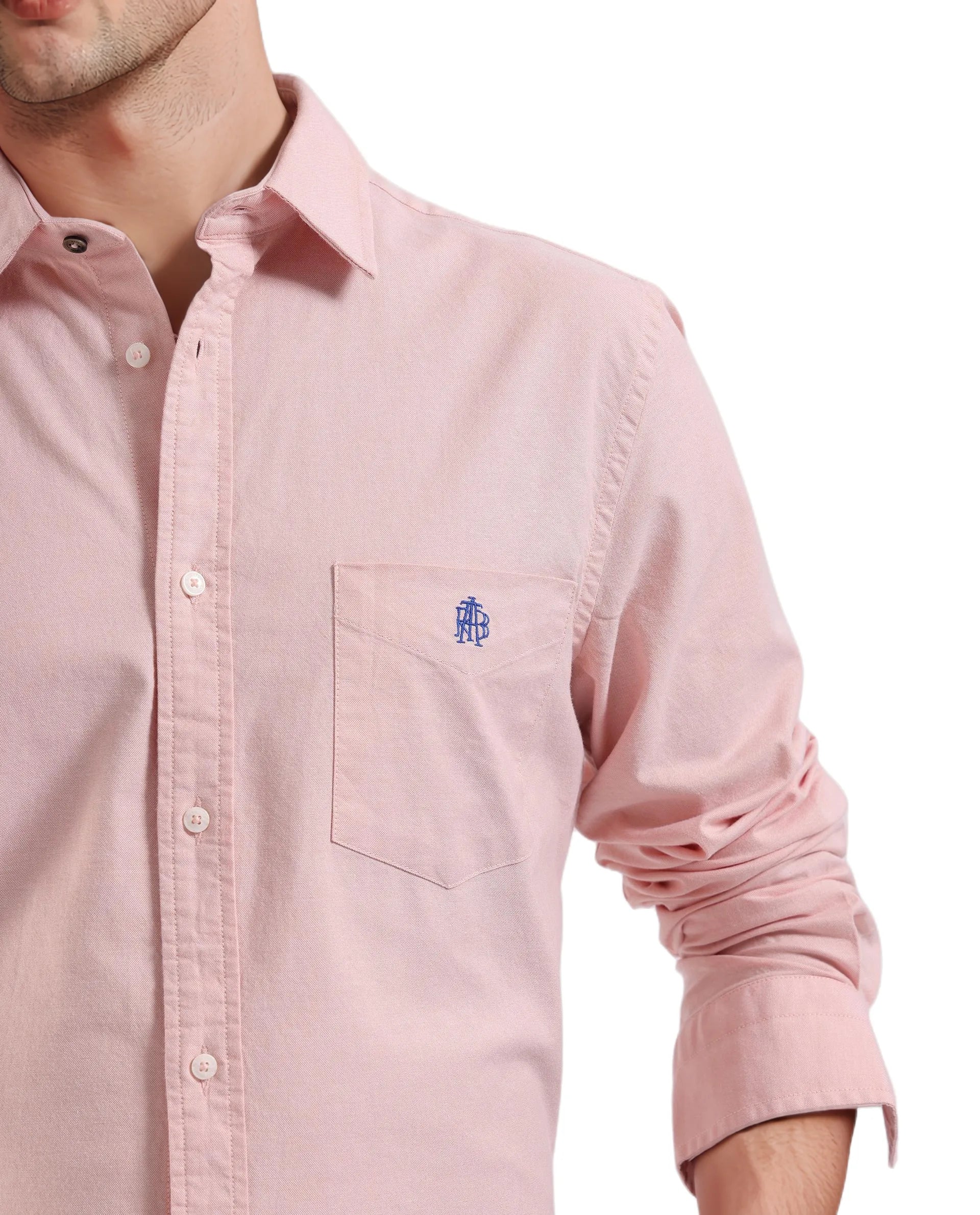 Rare Rabbit Men Oxo Pastel Peach Full Sleeve Collared Neck Button Closure Regular Fit Plain Shirt