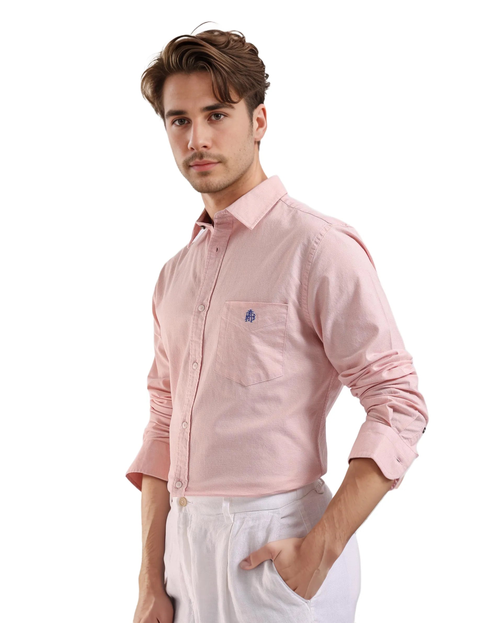 Rare Rabbit Men Oxo Pastel Peach Full Sleeve Collared Neck Button Closure Regular Fit Plain Shirt