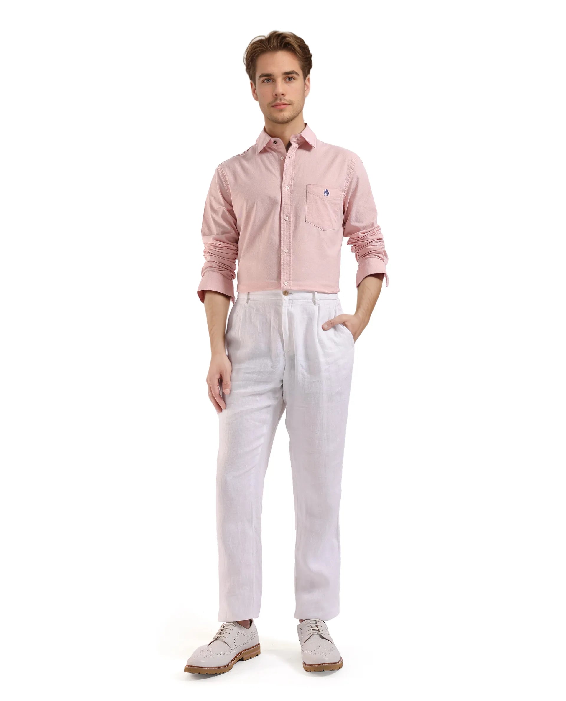Rare Rabbit Men Oxo Pastel Peach Full Sleeve Collared Neck Button Closure Regular Fit Plain Shirt