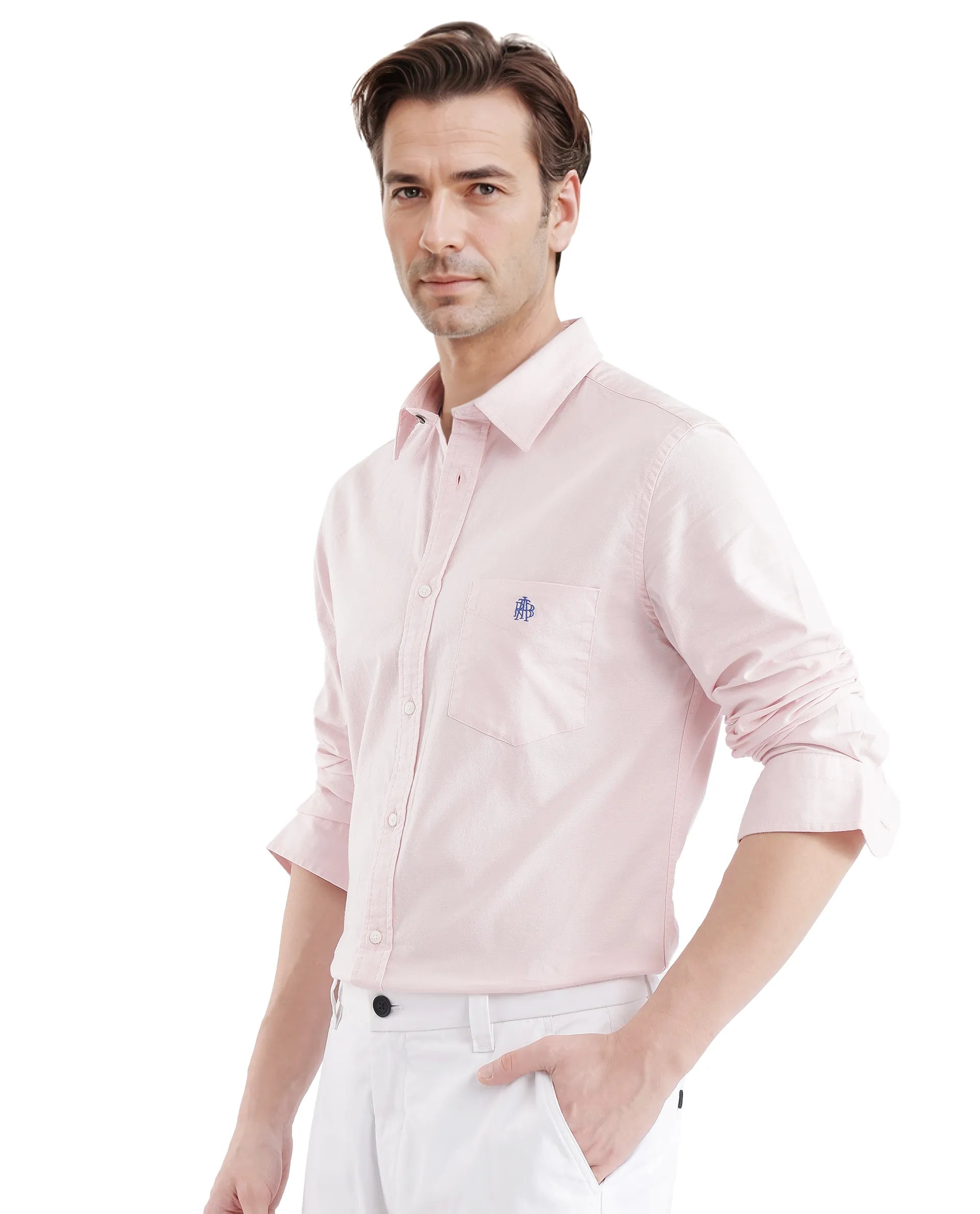 Rare Rabbit Men Oxo Pastel Pink Full Sleeve Collared Neck Button Closure Regular Fit Plain Shirt