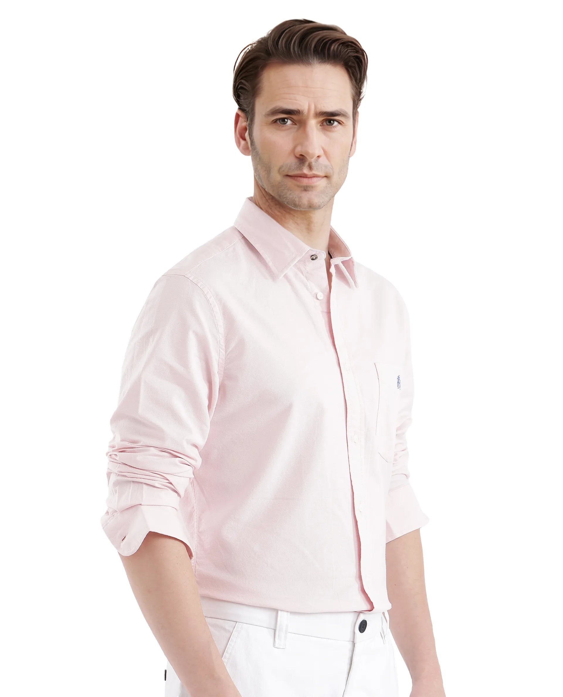 Rare Rabbit Men Oxo Pastel Pink Full Sleeve Collared Neck Button Closure Regular Fit Plain Shirt