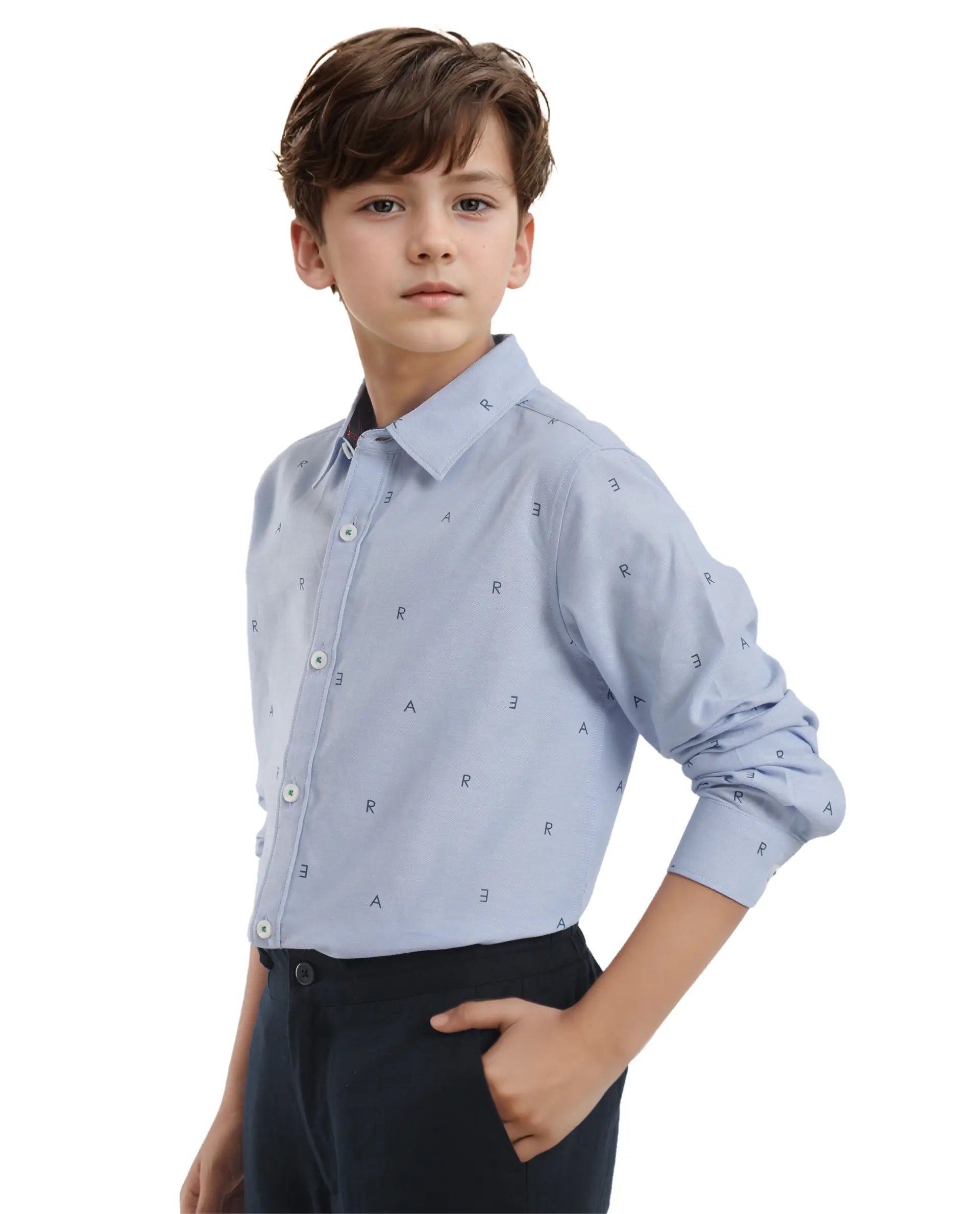Rare Ones Kids Oxot Blue Cotton Full Sleeves Regular Collar All Over Print Regular Fit Shirt