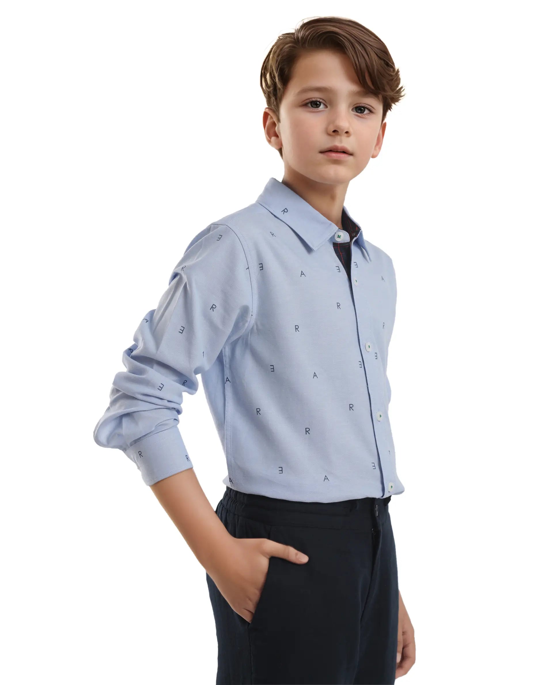Rare Ones Kids Oxot Blue Cotton Full Sleeves Regular Collar All Over Print Regular Fit Shirt