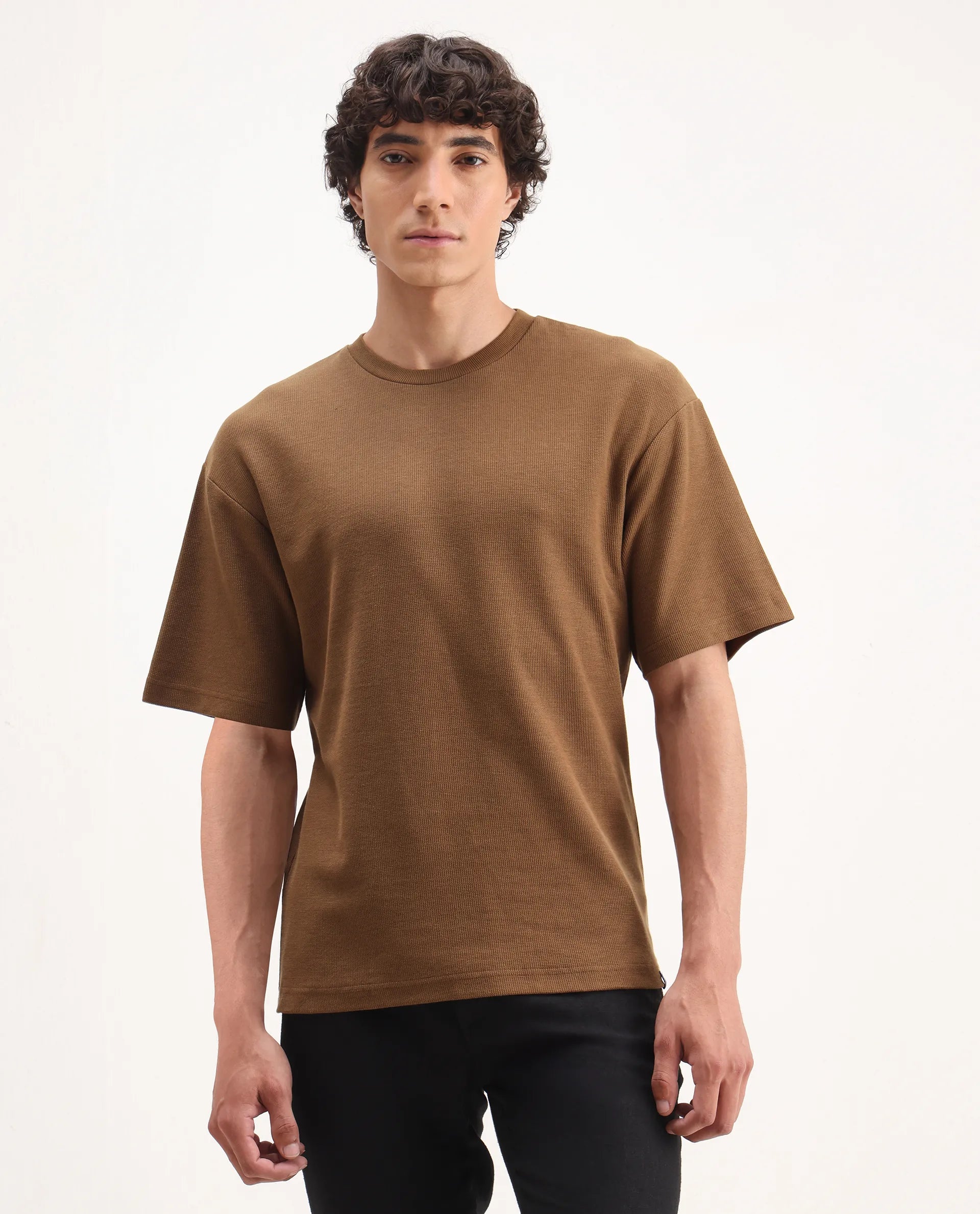 Rare Rabbit Men's Oxot Dusky Olive Cotton Embroidered Oversized Fit Half Sleeve Crew Neck T-Shirt