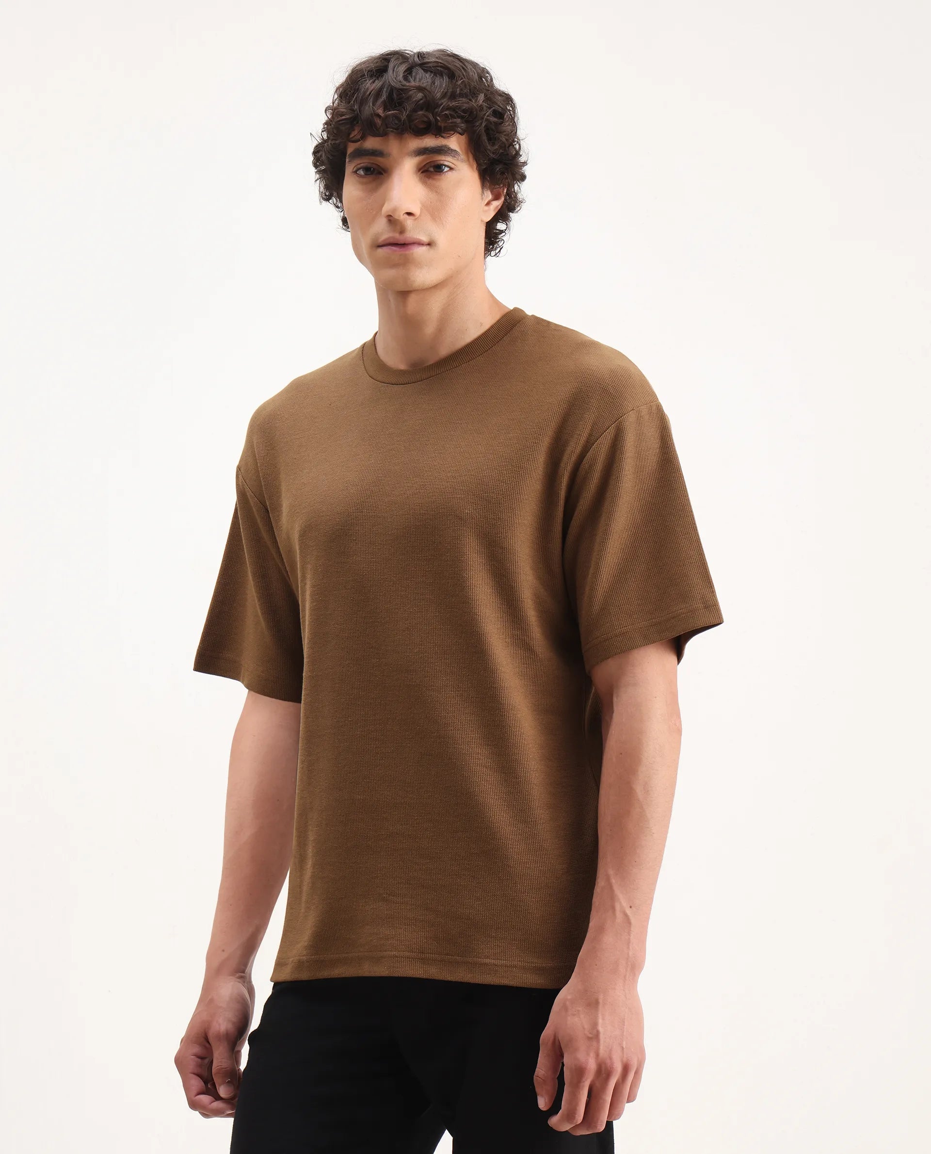 Rare Rabbit Men's Oxot Dusky Olive Cotton Embroidered Oversized Fit Half Sleeve Crew Neck T-Shirt