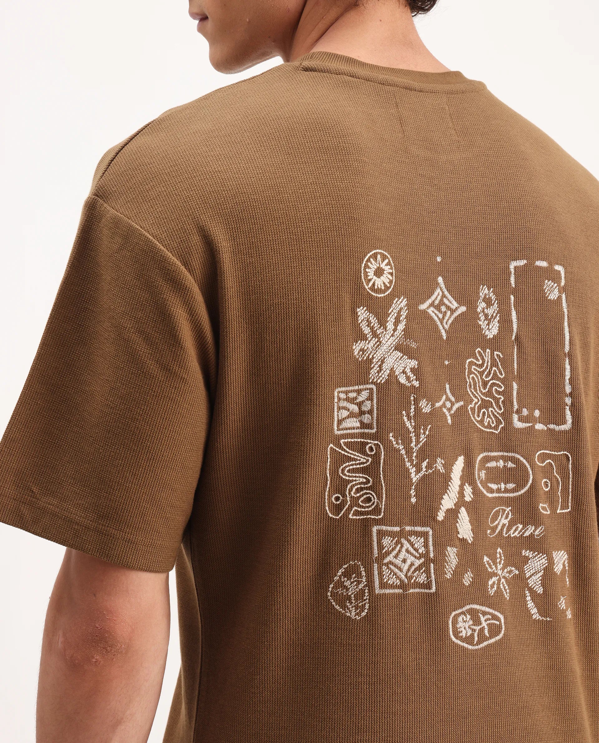 Rare Rabbit Men's Oxot Dusky Olive Cotton Embroidered Oversized Fit Half Sleeve Crew Neck T-Shirt