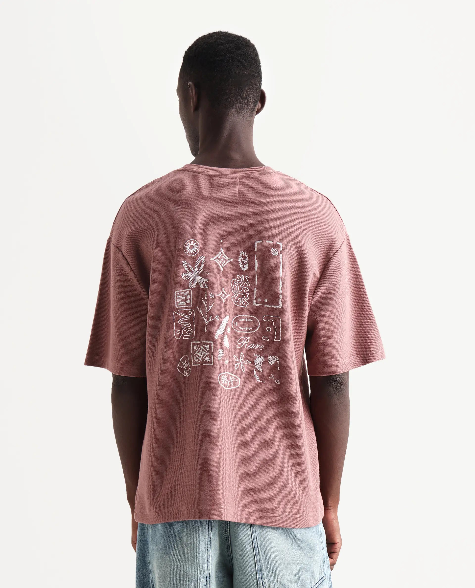 Rare Rabbit Men's Oxot Dusky Pink Cotton Embroidered Oversized Fit Half Sleeve Crew Neck T-Shirt