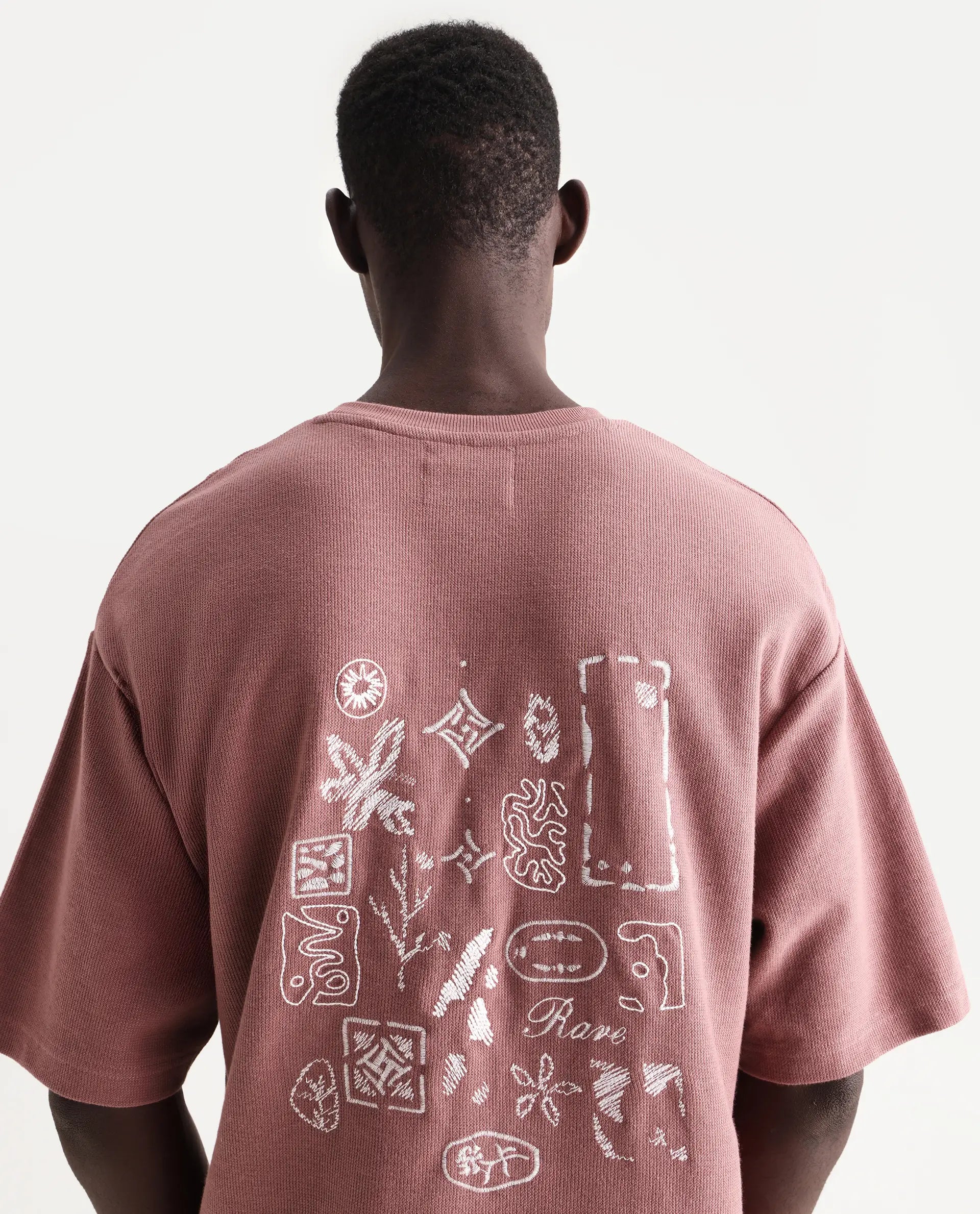 Rare Rabbit Men's Oxot Dusky Pink Cotton Embroidered Oversized Fit Half Sleeve Crew Neck T-Shirt