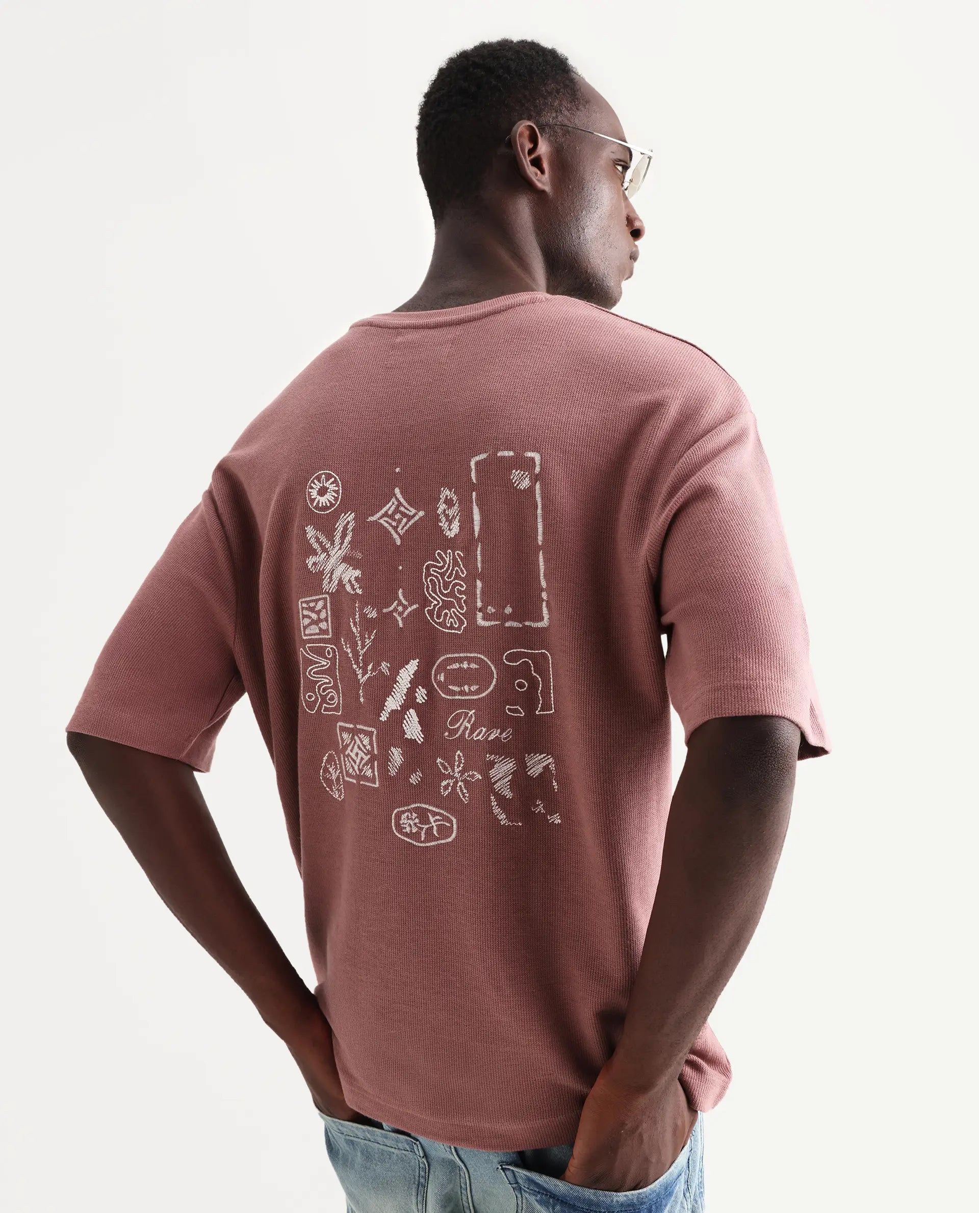 Rare Rabbit Men's Oxot Dusky Pink Cotton Embroidered Oversized Fit Half Sleeve Crew Neck T-Shirt