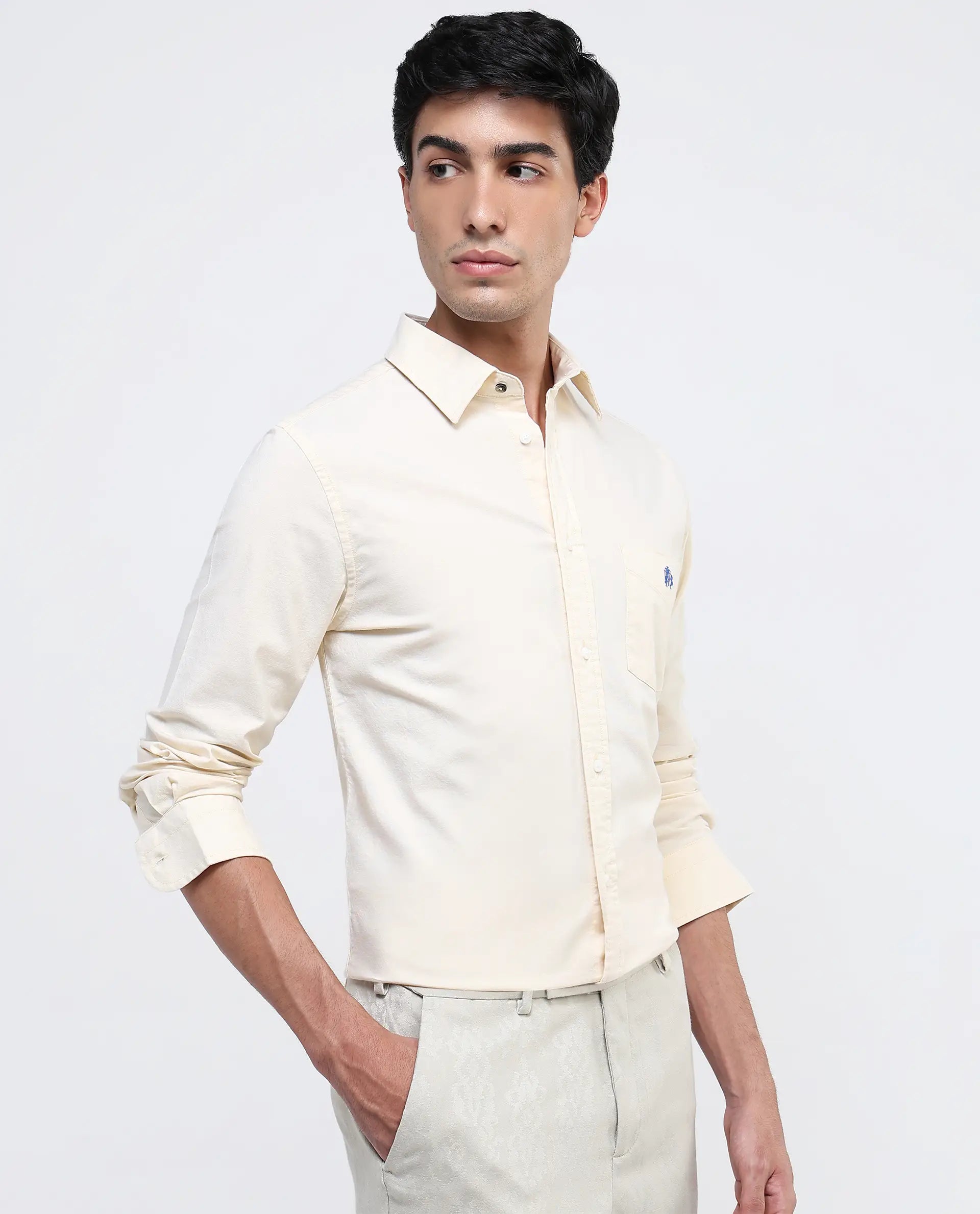 Rare Rabbit Men Oxo Pastel Yellow Full Sleeve Collared Neck Button Closure Regular Fit Plain Shirt