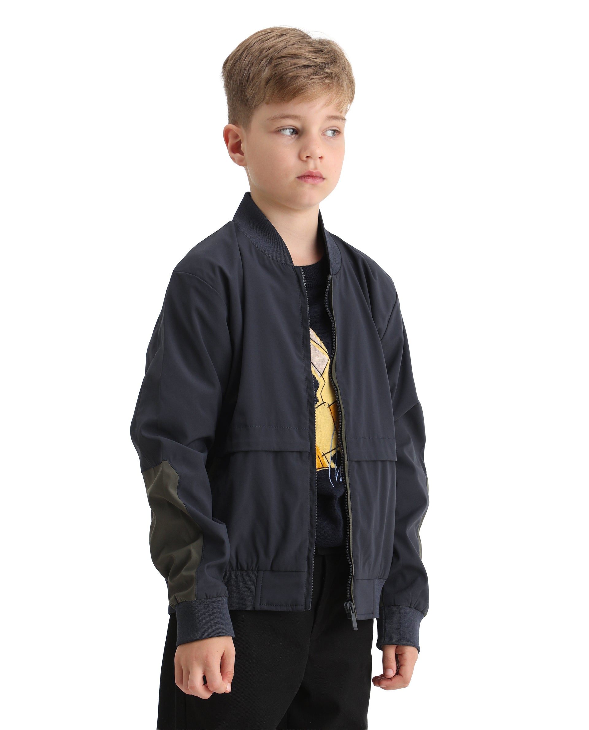 Rare Ones Kids Oza Navy Polyester Zipper Closure Ribbed Collar Plain Full Sleeves Regular Fit Jacket