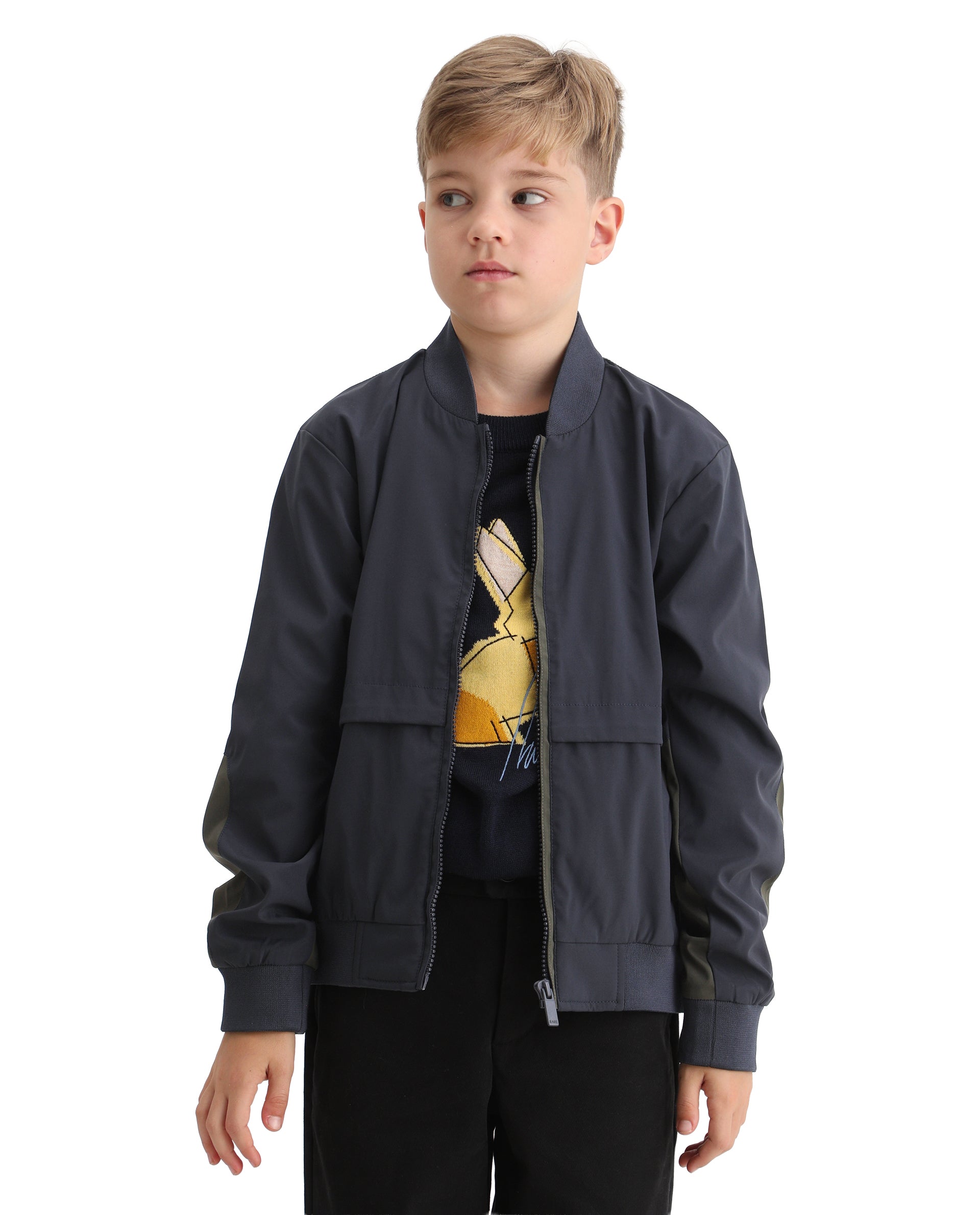 Rare Ones Kids Oza Navy Polyester Zipper Closure Ribbed Collar Plain Full Sleeves Regular Fit Jacket