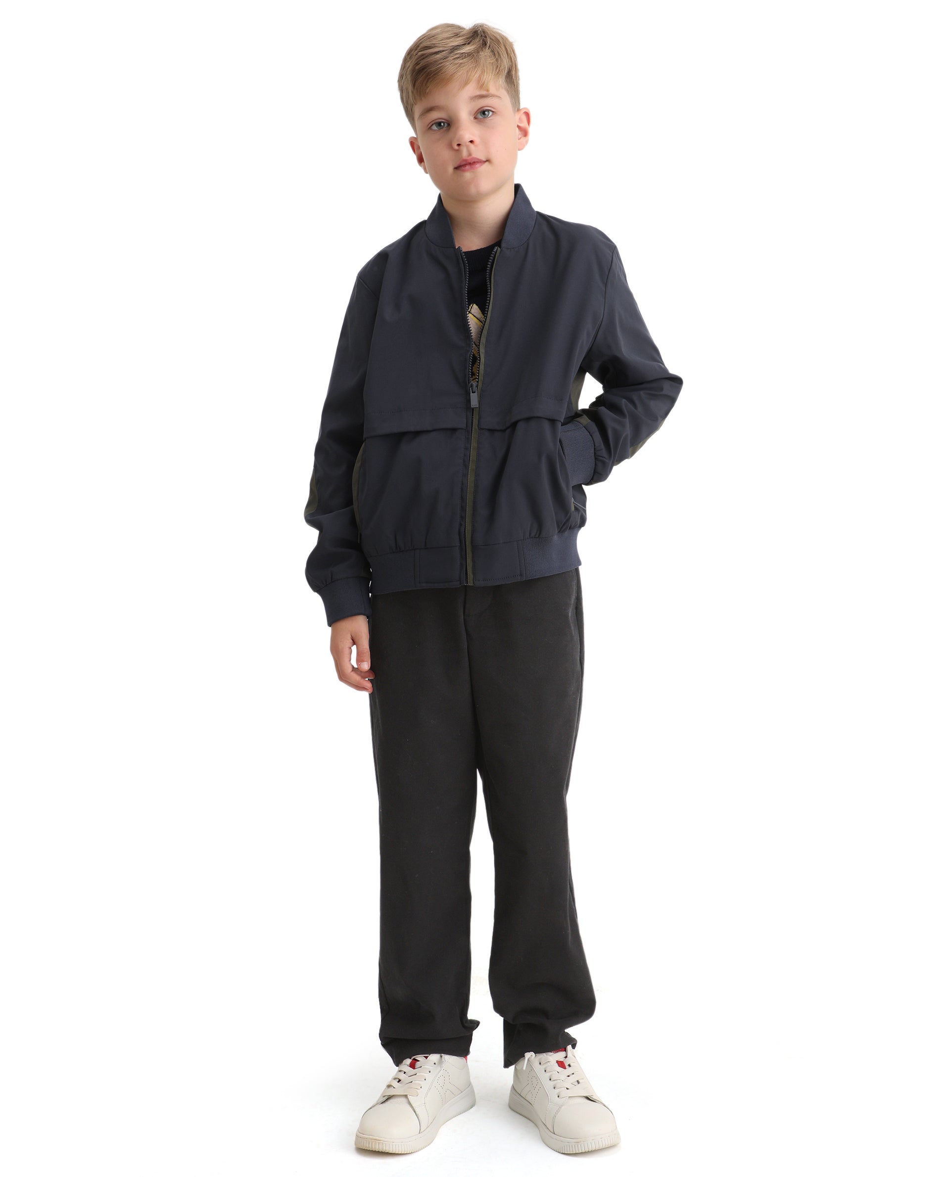 Rare Ones Kids Oza Navy Polyester Zipper Closure Ribbed Collar Plain Full Sleeves Regular Fit Jacket