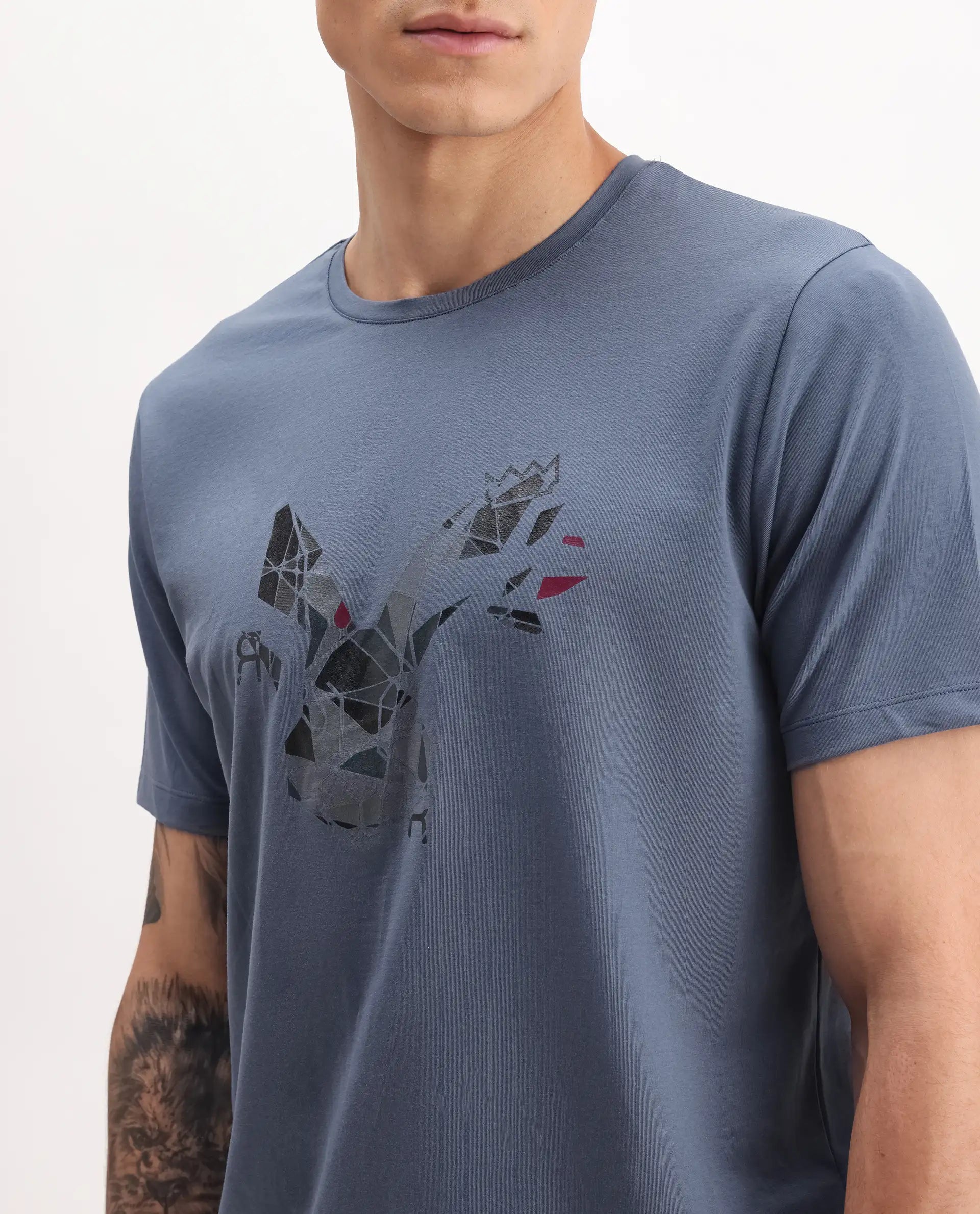 Rare Rabbit Men's Ozan Dusky Blue Cotton Blend Graphic Print Regular Fit Half Sleeve Crew Neck T-Shirt