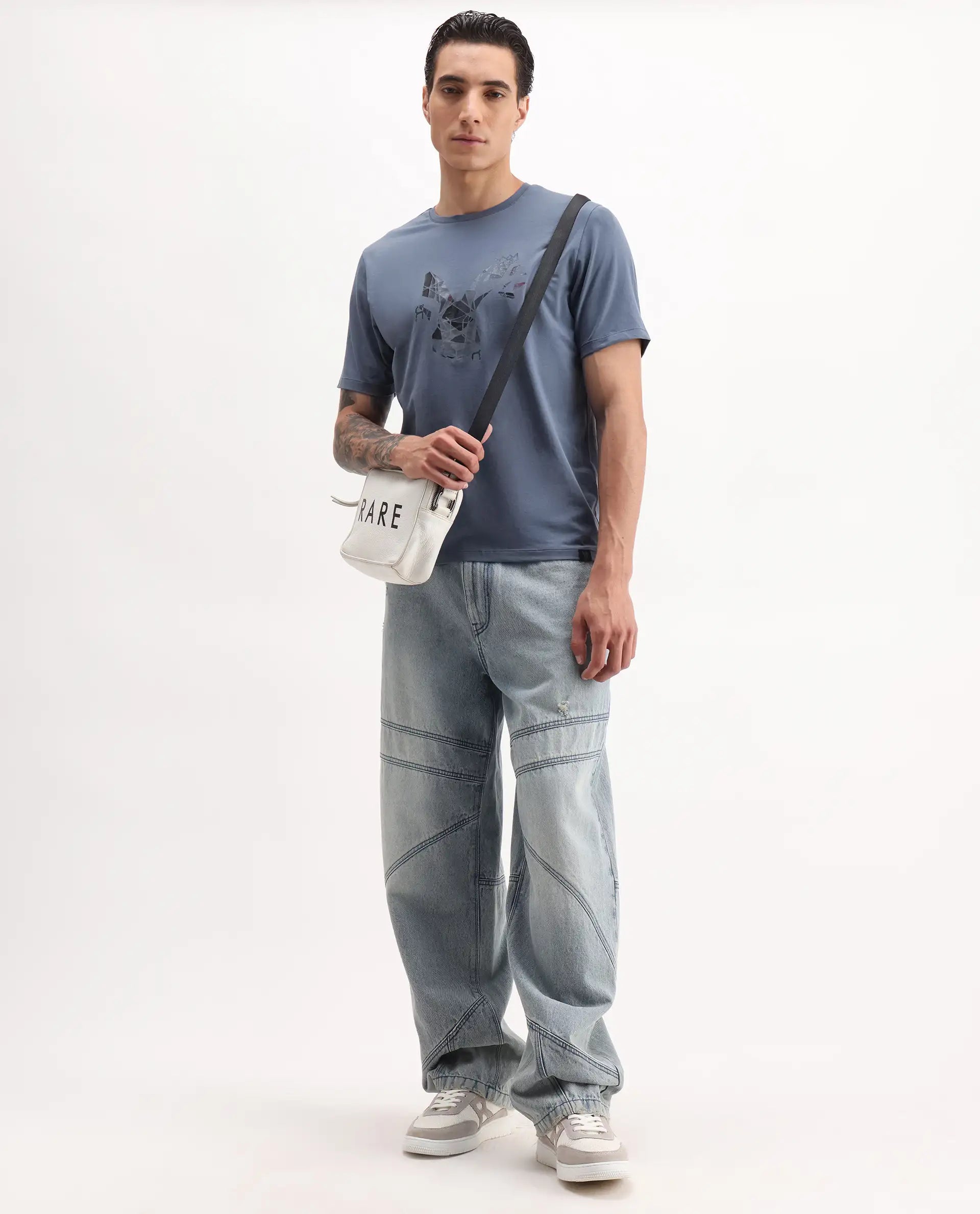 Rare Rabbit Men's Ozan Dusky Blue Cotton Blend Graphic Print Regular Fit Half Sleeve Crew Neck T-Shirt