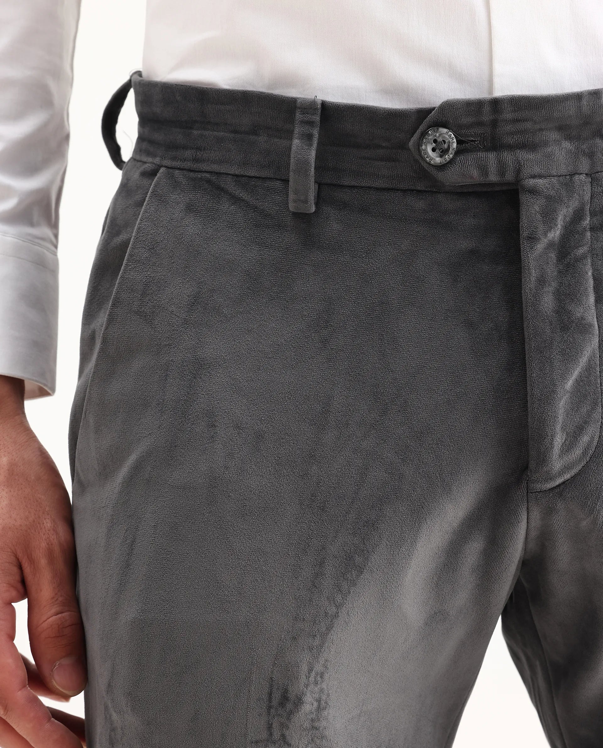 Rare Rabbit Men's Ozzy Grey Velvet Plain Slim Fit Trouser