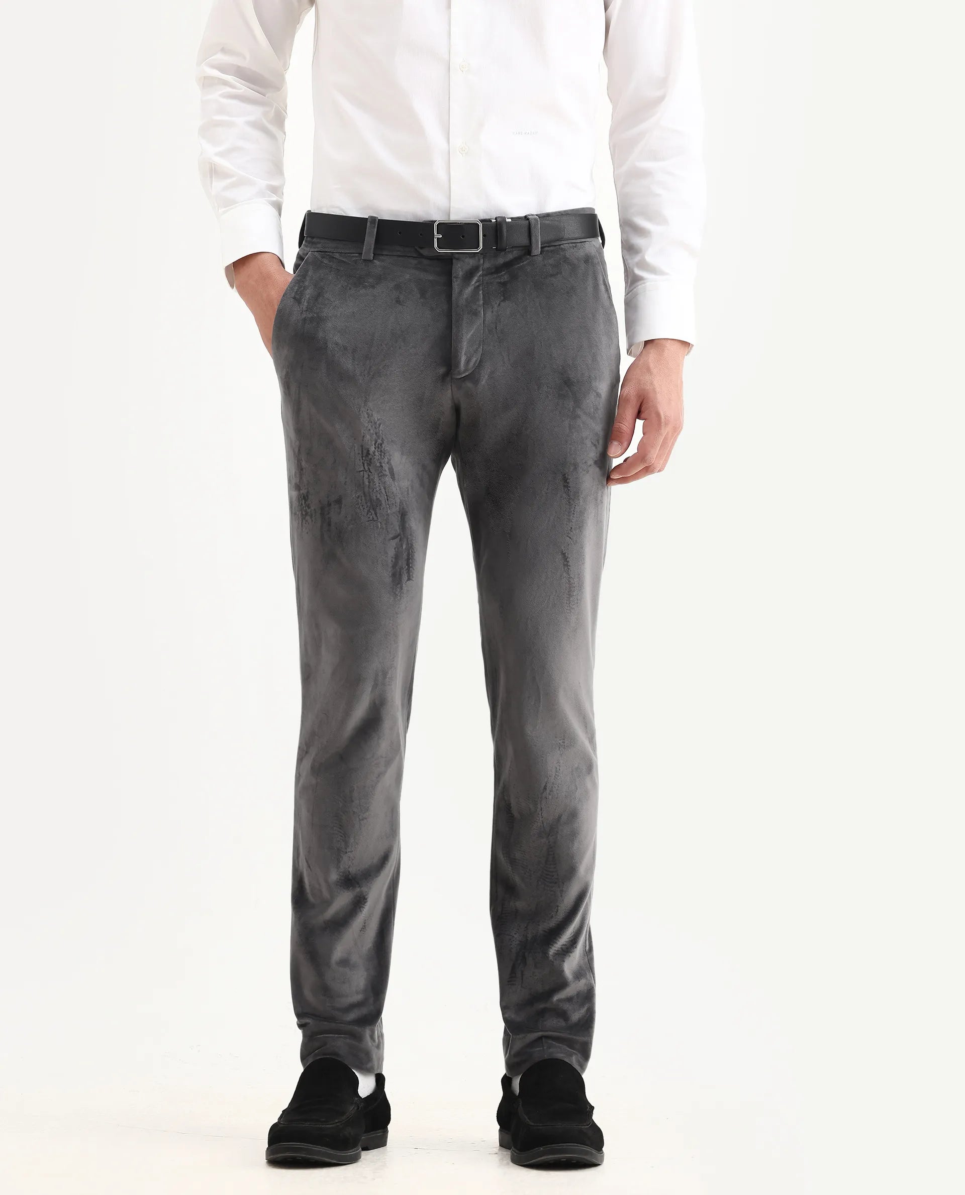 Rare Rabbit Men's Ozzy Grey Velvet Plain Slim Fit Trouser