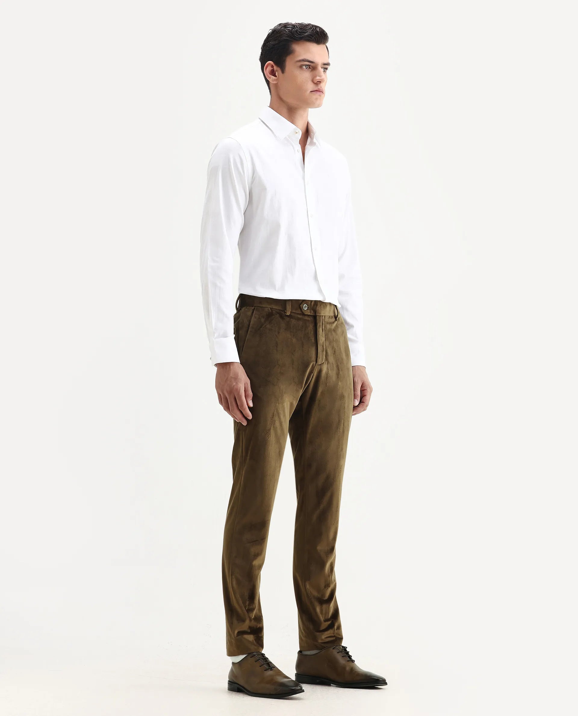 Rare Rabbit Men's Ozzy Olive Velvet Plain Slim Fit Trouser