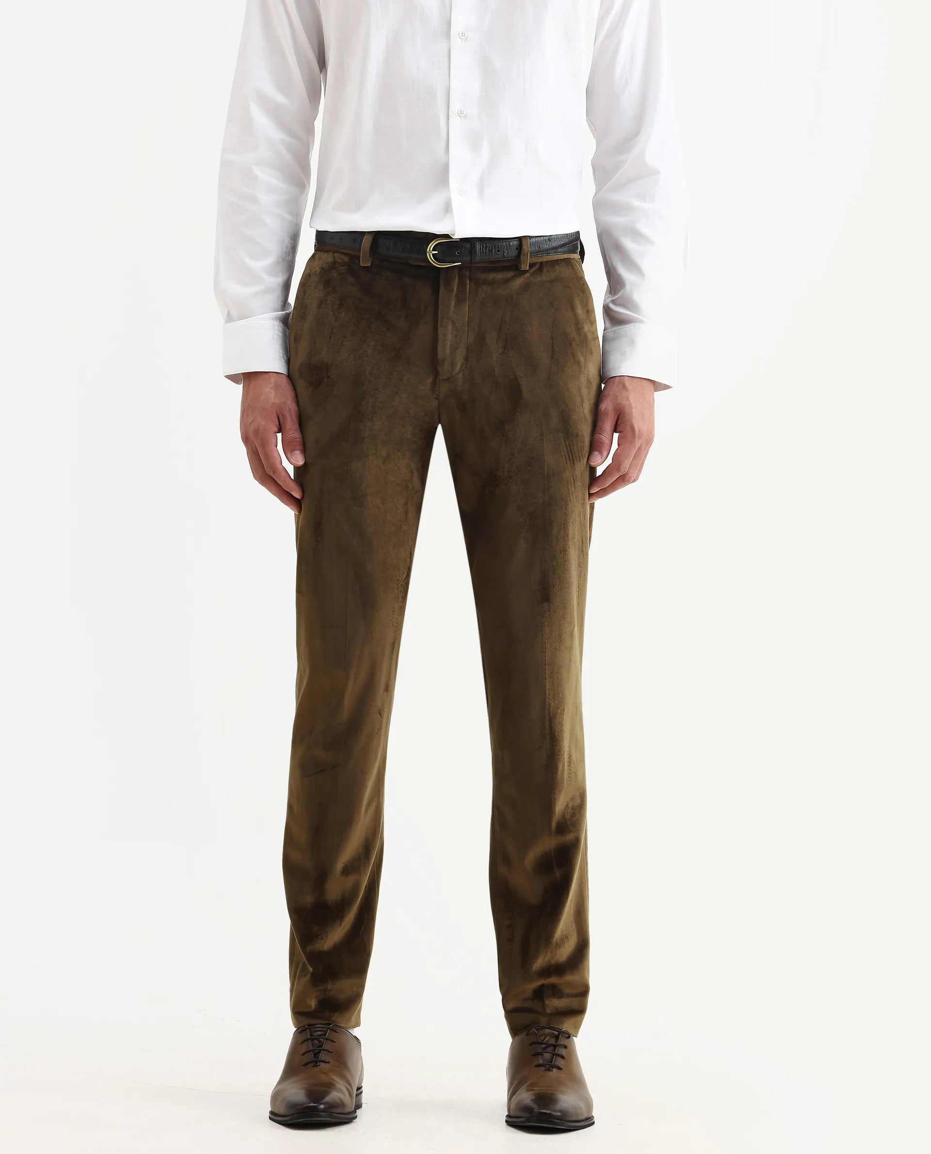 Rare Rabbit Men's Ozzy Olive Velvet Plain Slim Fit Trouser