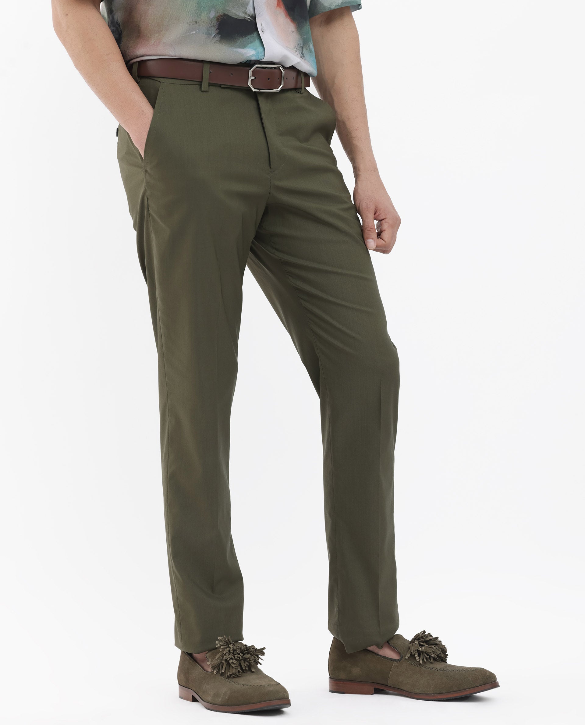 Rare Rabbit Mens Oscar Dark Olive Polyester Viscose Fabric Notch Lapel Button Closure Single Breasted Tailored Fit Solid Suits