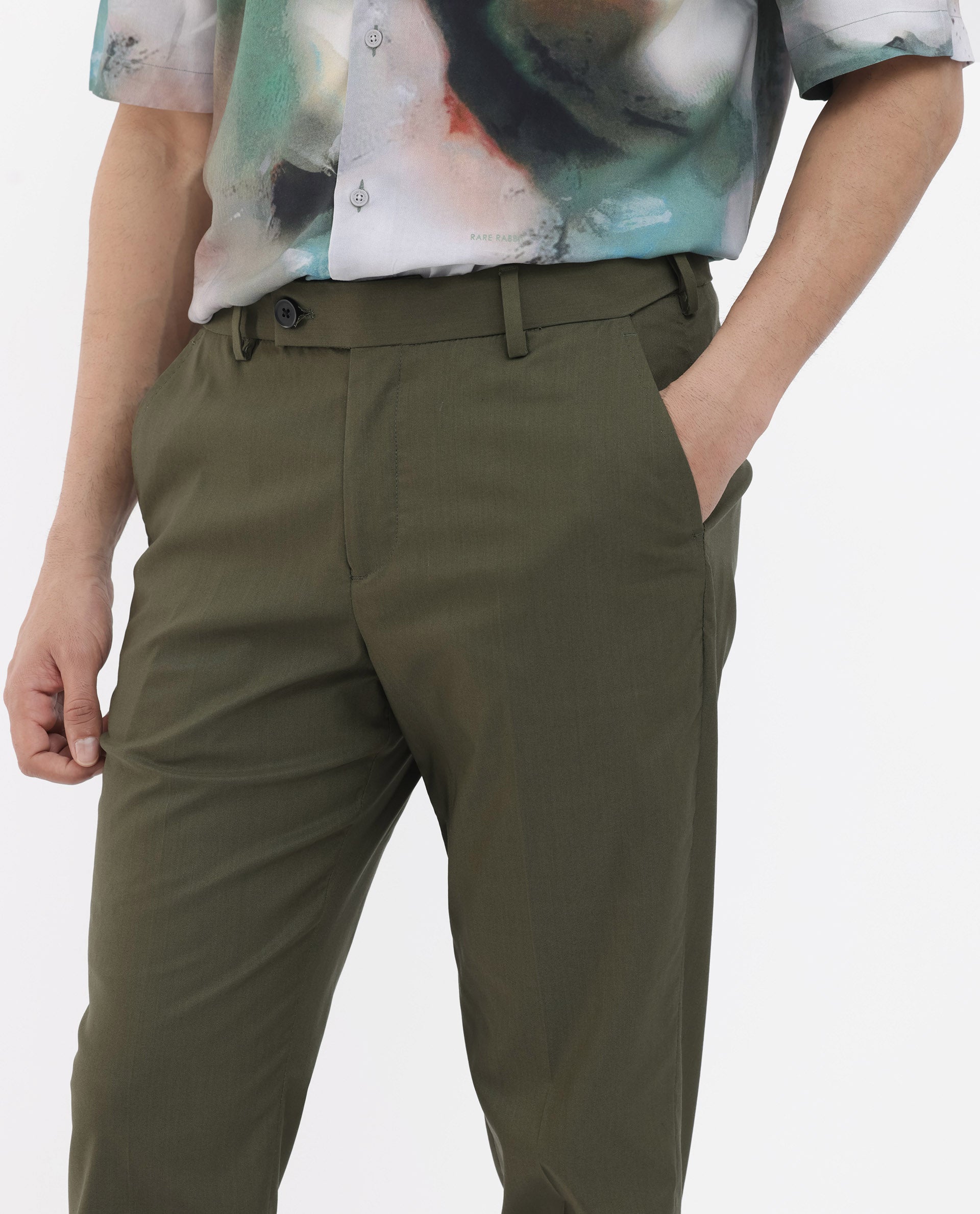 Rare Rabbit Mens Oscar Dark Olive Polyester Viscose Fabric Notch Lapel Button Closure Single Breasted Tailored Fit Solid Suits