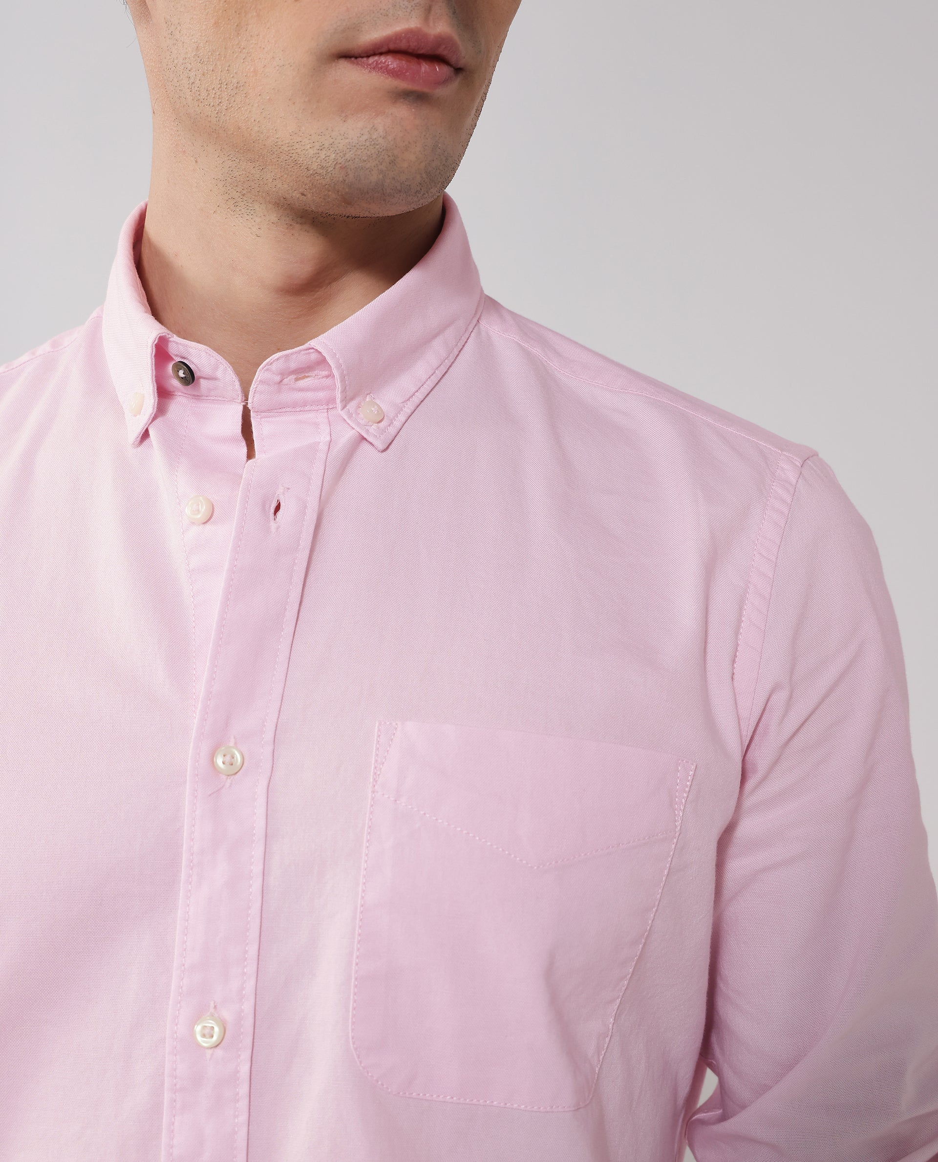 Rare Rabbit Men's Auxfo Light Pink Cotton Fabric Full Sleeves Solid Shirt