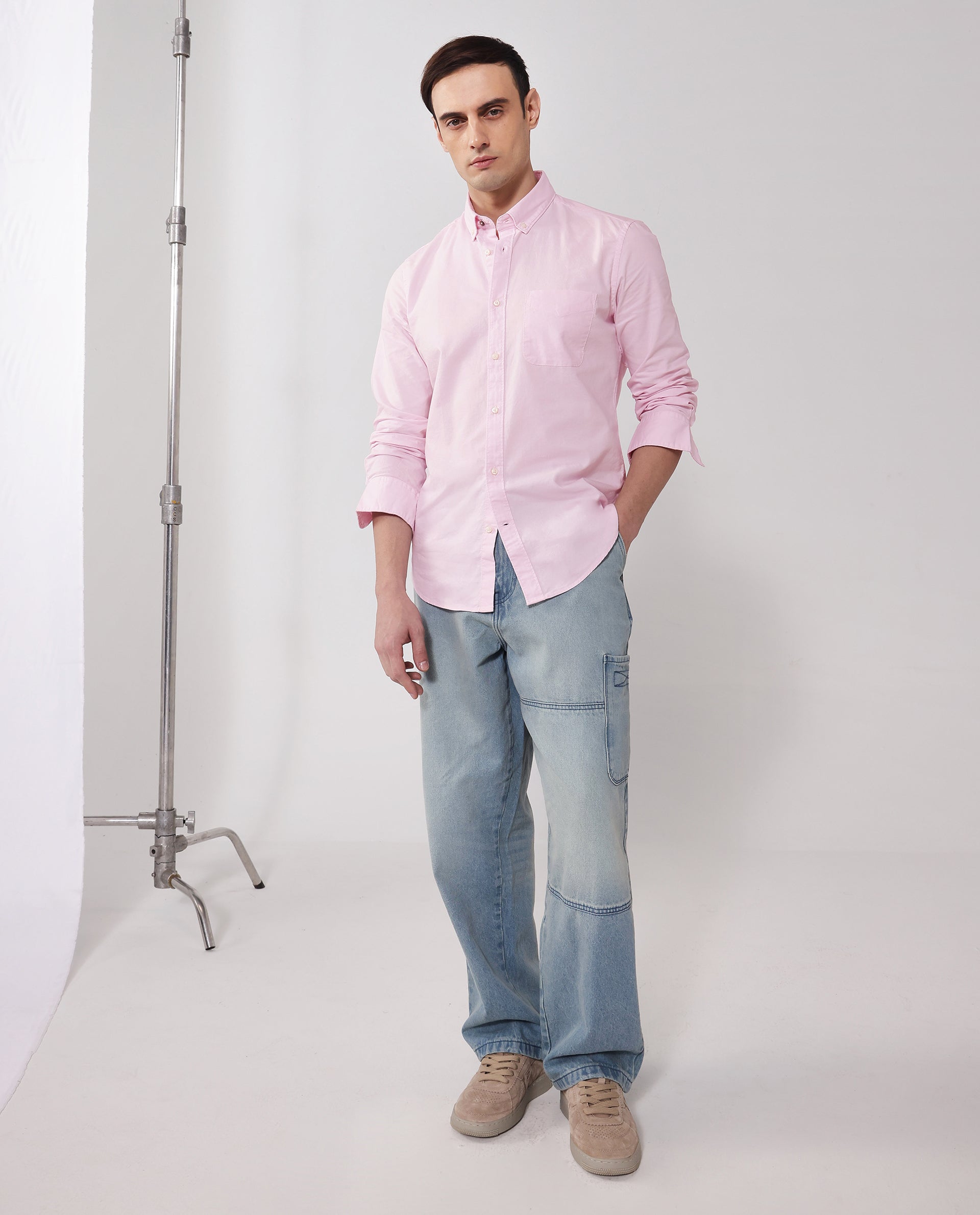 Rare Rabbit Men's Auxfo Light Pink Cotton Fabric Full Sleeves Solid Shirt