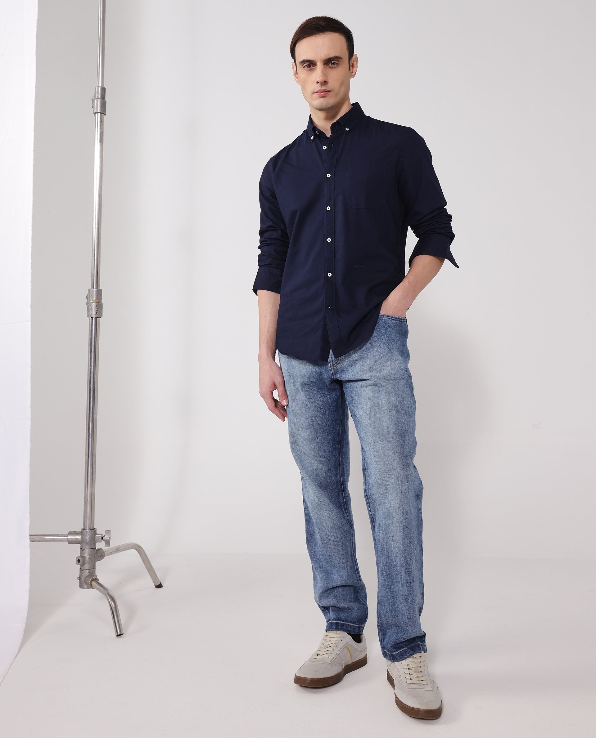 Rare Rabbit Men's Auxfo Navy Cotton Fabric Full Sleeves Solid Shirt