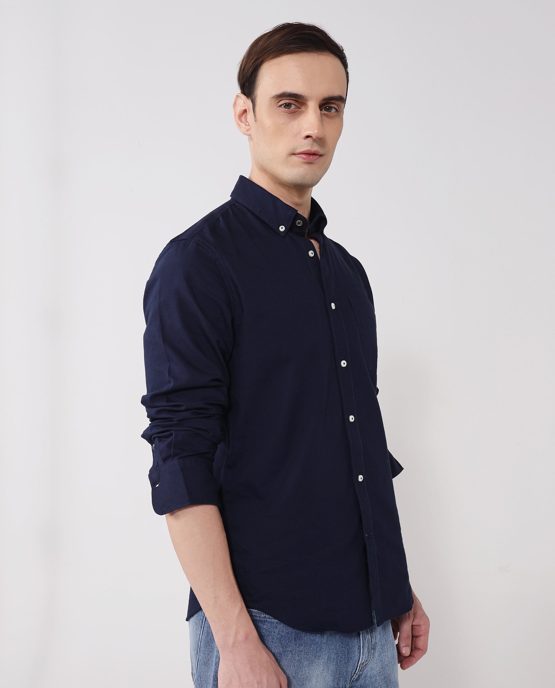 Rare Rabbit Men's Auxfo Navy Cotton Fabric Full Sleeves Solid Shirt