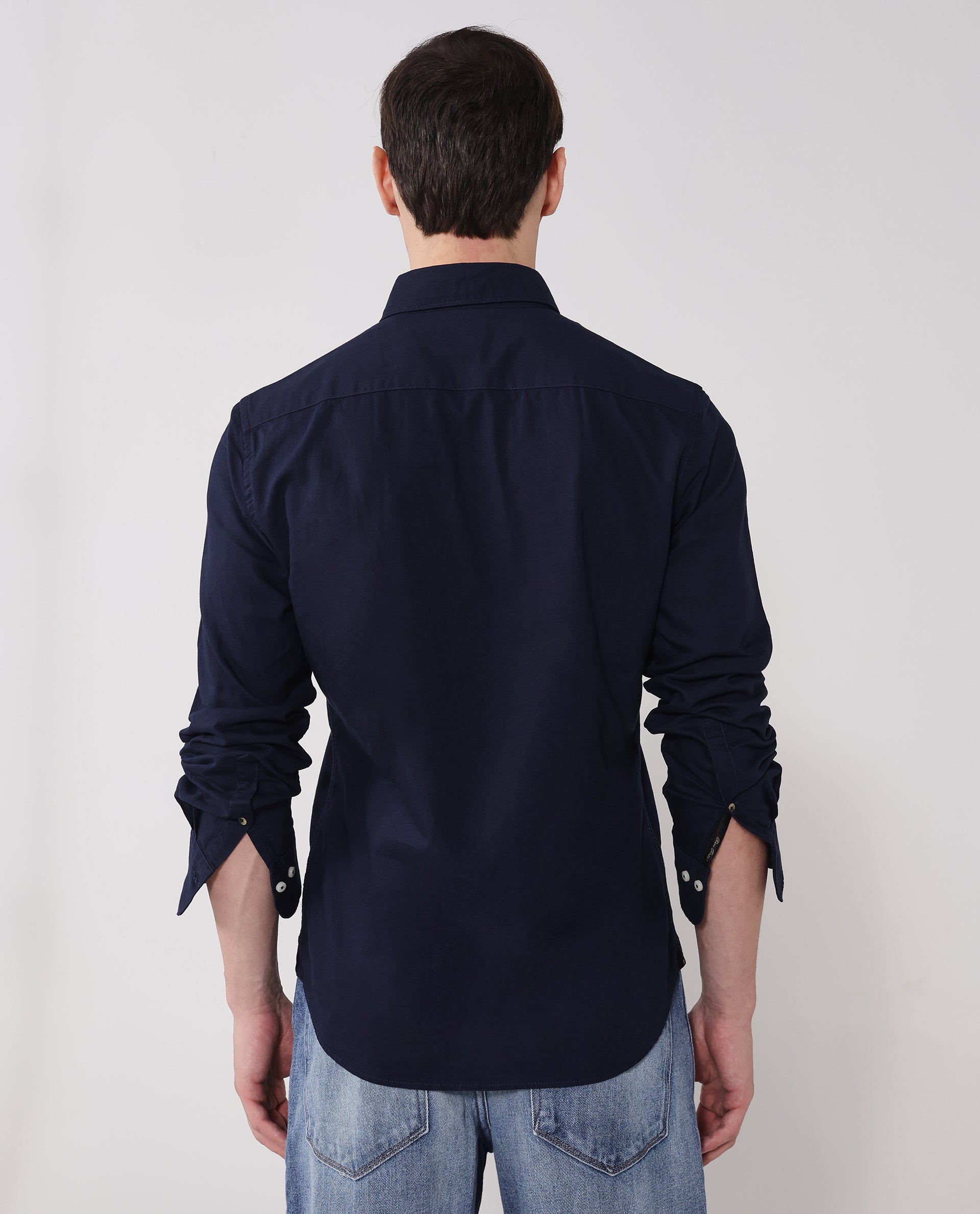 Rare Rabbit Men's Auxfo Navy Cotton Fabric Full Sleeves Solid Shirt