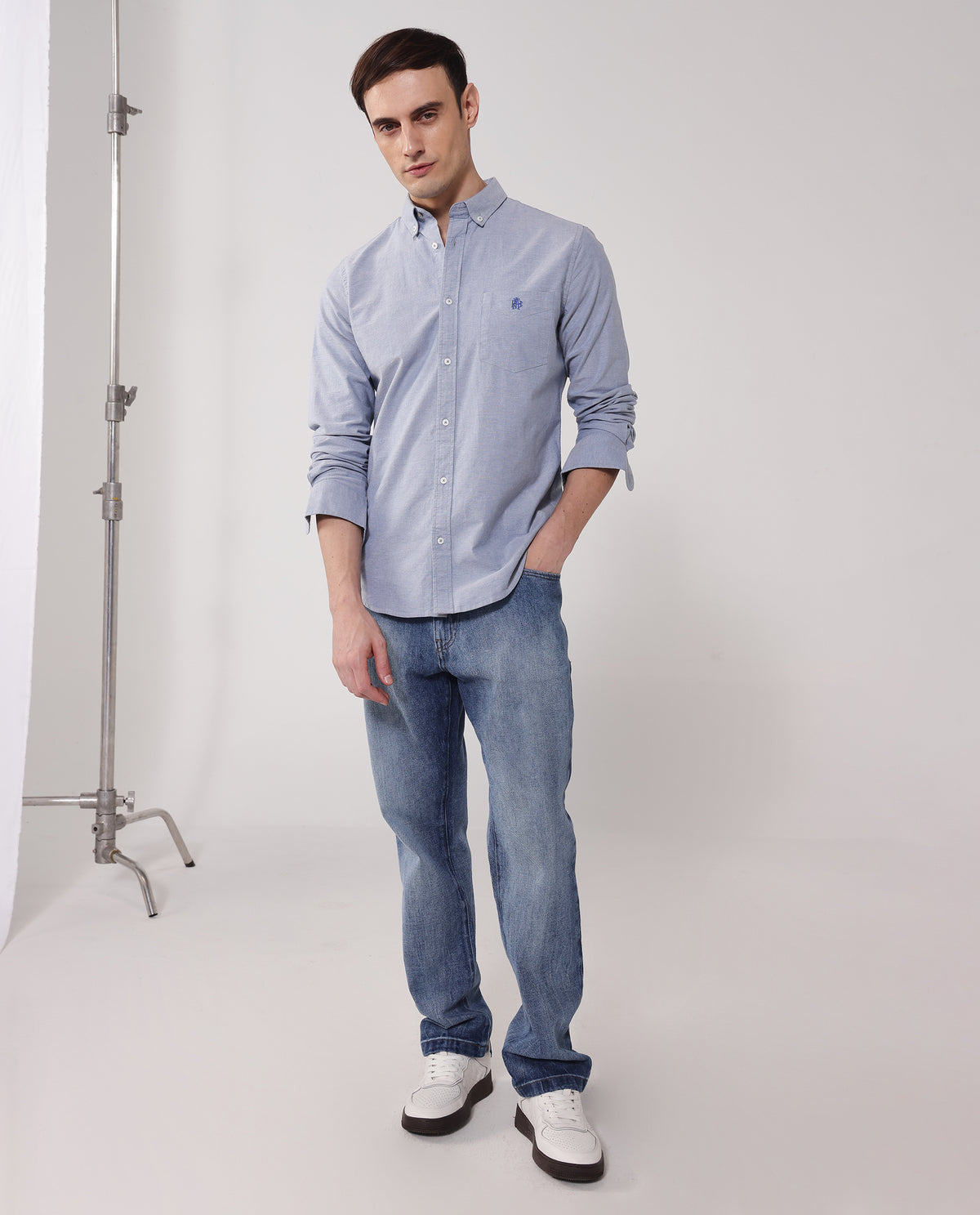 Rare Rabbit Men Oxob Dusky Blue Full Sleeve Collared Neck Button Closure Regular Fit Plain Shirt