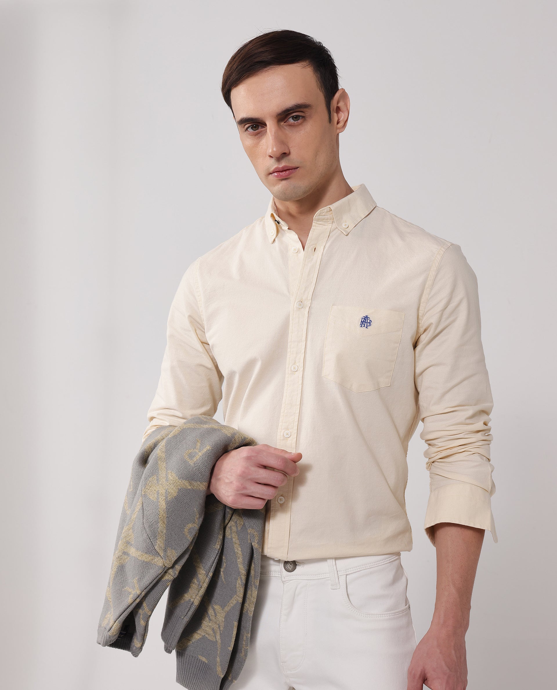 Rare Rabbit Men Oxob Pastel Yellow Full Sleeve Collared Neck Button Closure Regular Fit Plain Shirt