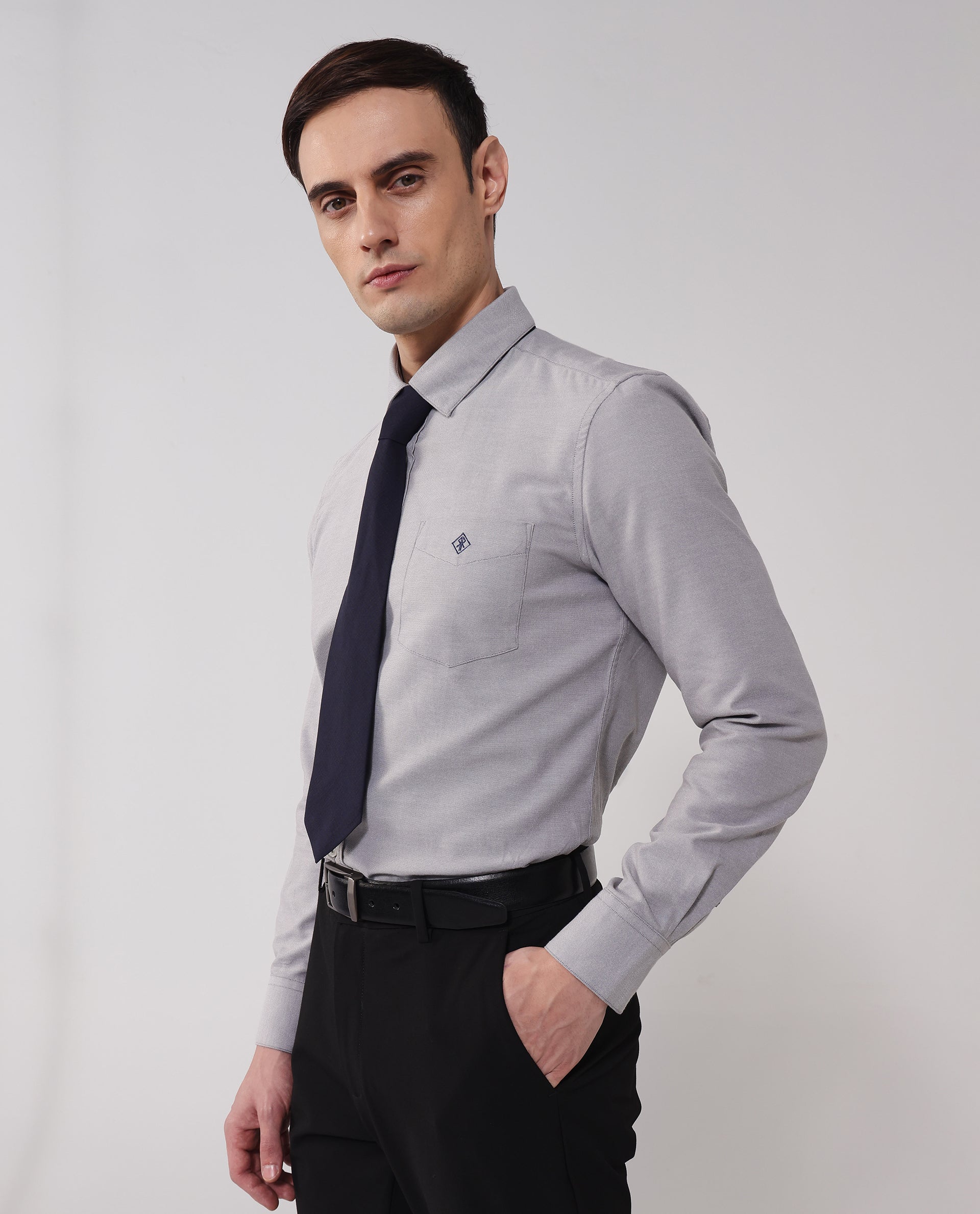 Rare Rabbit Men's Oxfom Grey Cotton Polyester Fabric Full Sleeves Button Down Collar Regular Fit Plain Formal Shirt