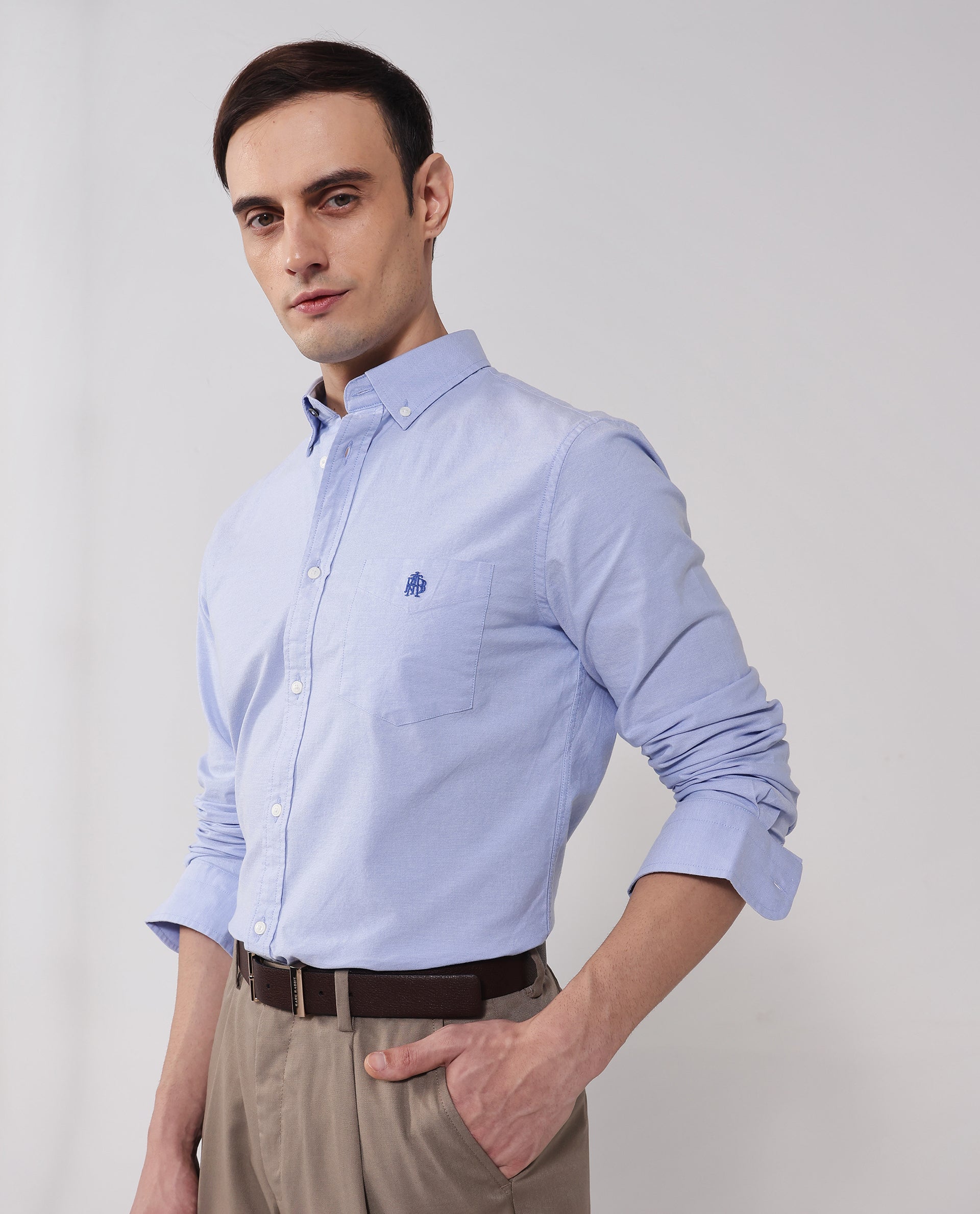 Rare Rabbit Men Oxob Light Blue Cotton Spandex Fabric Full Sleeve Button Down Collar Regular Fit Embroidered Logo Plain Shirt