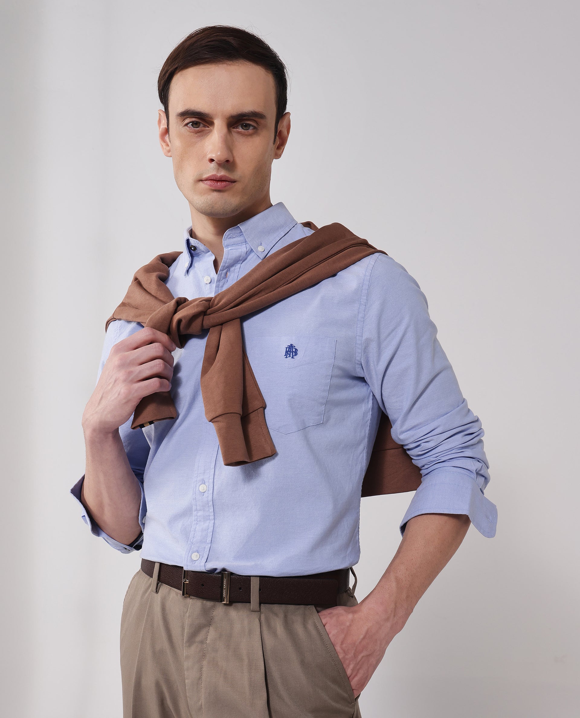 Rare Rabbit Men Oxob Light Blue Cotton Spandex Fabric Full Sleeve Button Down Collar Regular Fit Embroidered Logo Plain Shirt