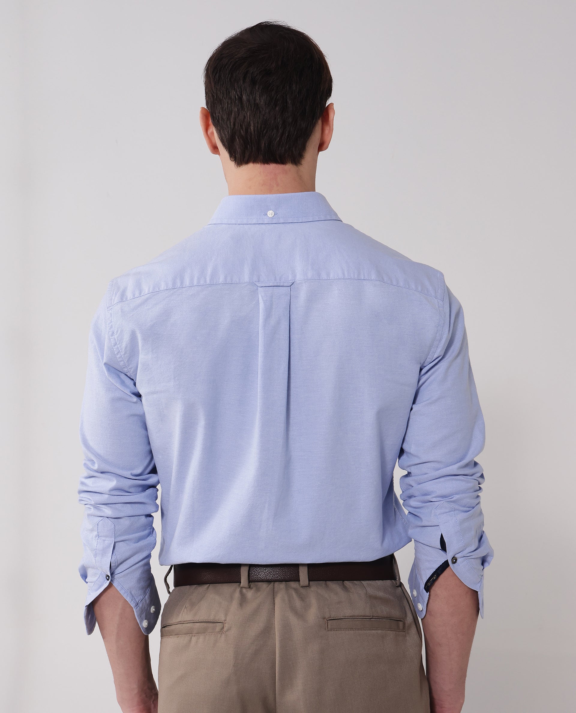 Rare Rabbit Men Oxob Light Blue Cotton Spandex Fabric Full Sleeve Button Down Collar Regular Fit Embroidered Logo Plain Shirt