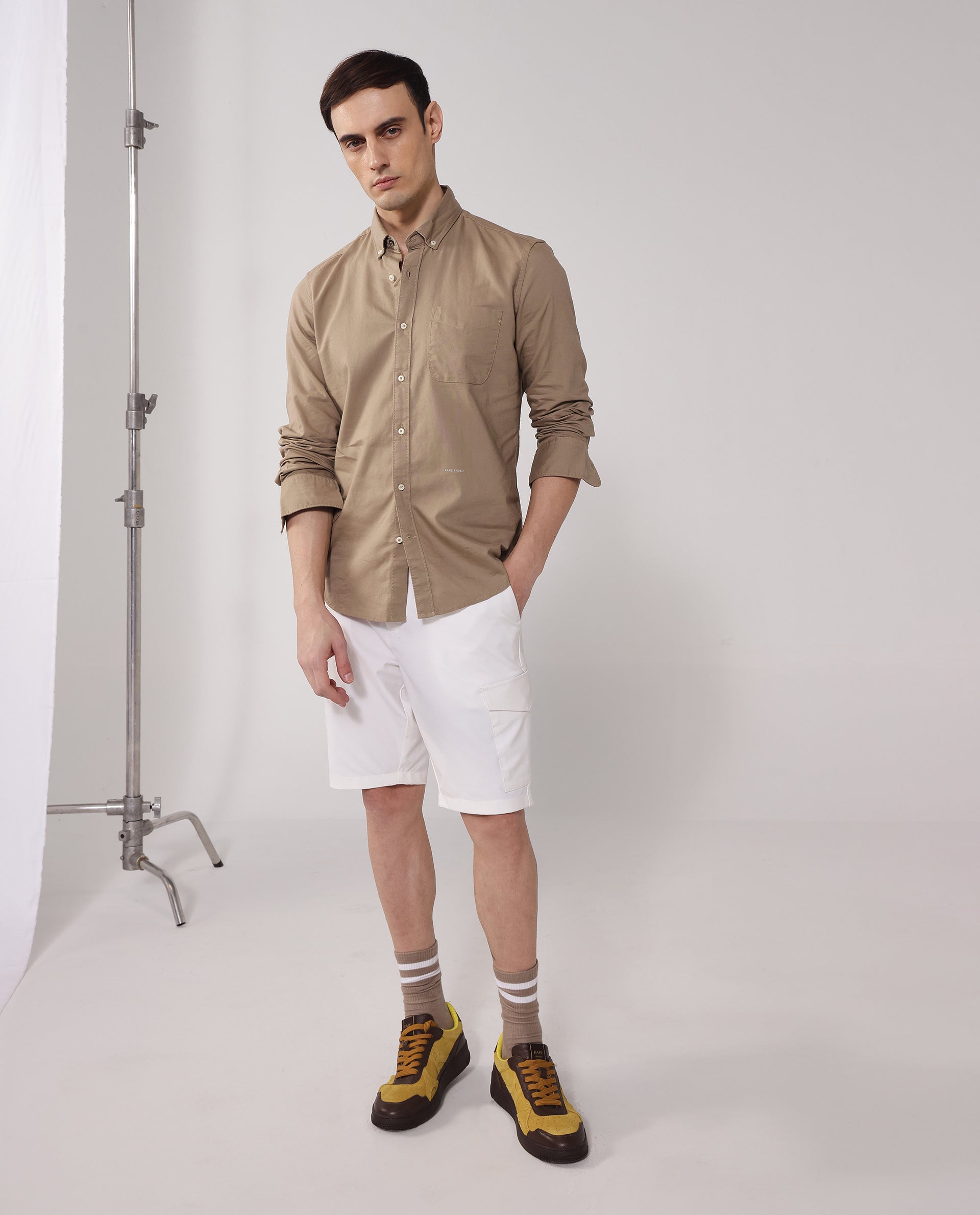 Rare Rabbit Men's Auxfo Beige Cotton Fabric Full Sleeves Solid Shirt