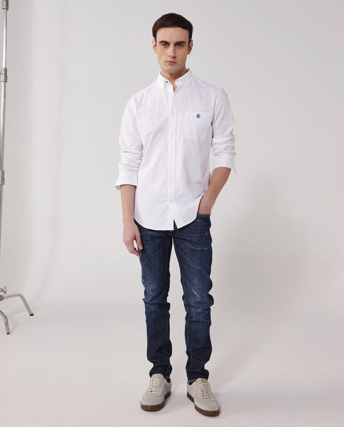 Rare Rabbit Men's Oxob White Cotton Plain Regular Fit Full Sleeve Coll