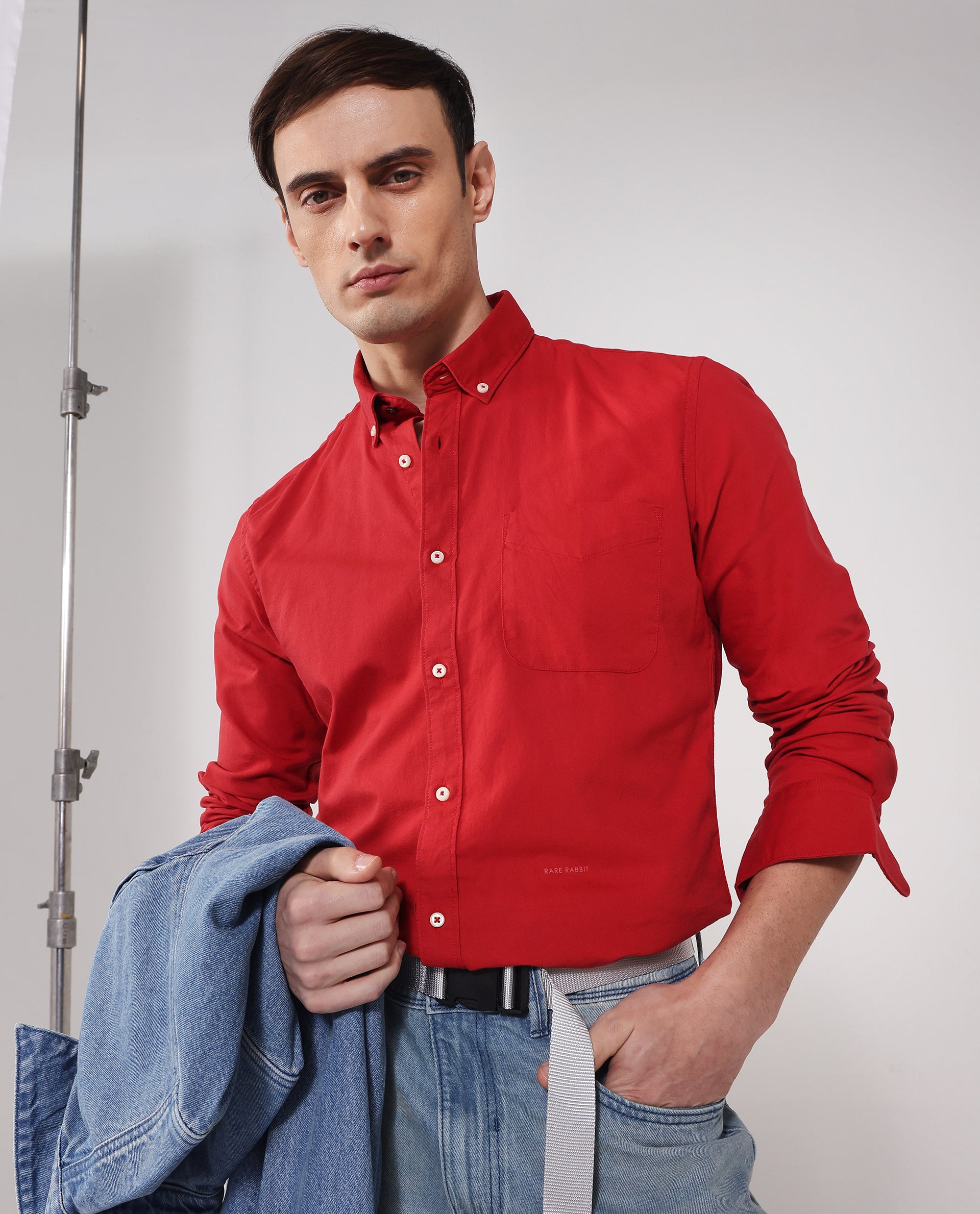 Rare Rabbit Men's Auxfo Red Cotton Fabric Full Sleeves Solid Formal Shirt