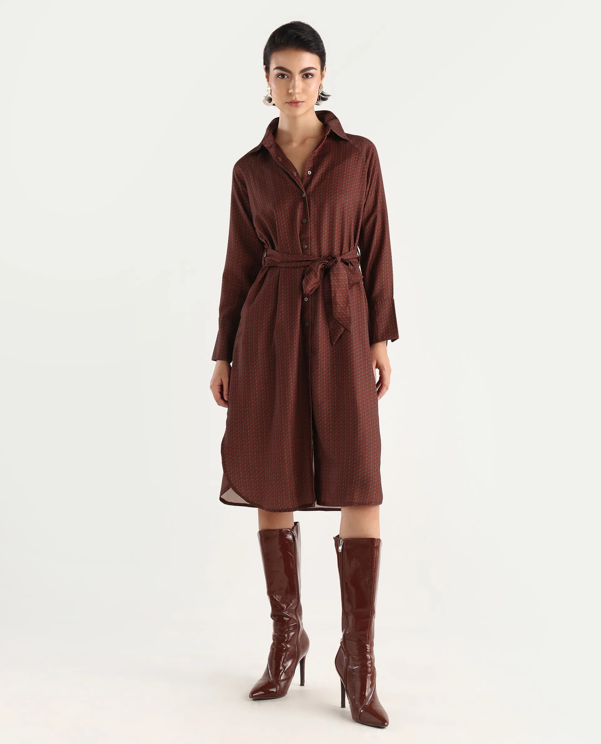 Rareism Women's Paari Multi Polyester Spread Collar Plain Cuffed Sleeve Midi Straight Fit Dress