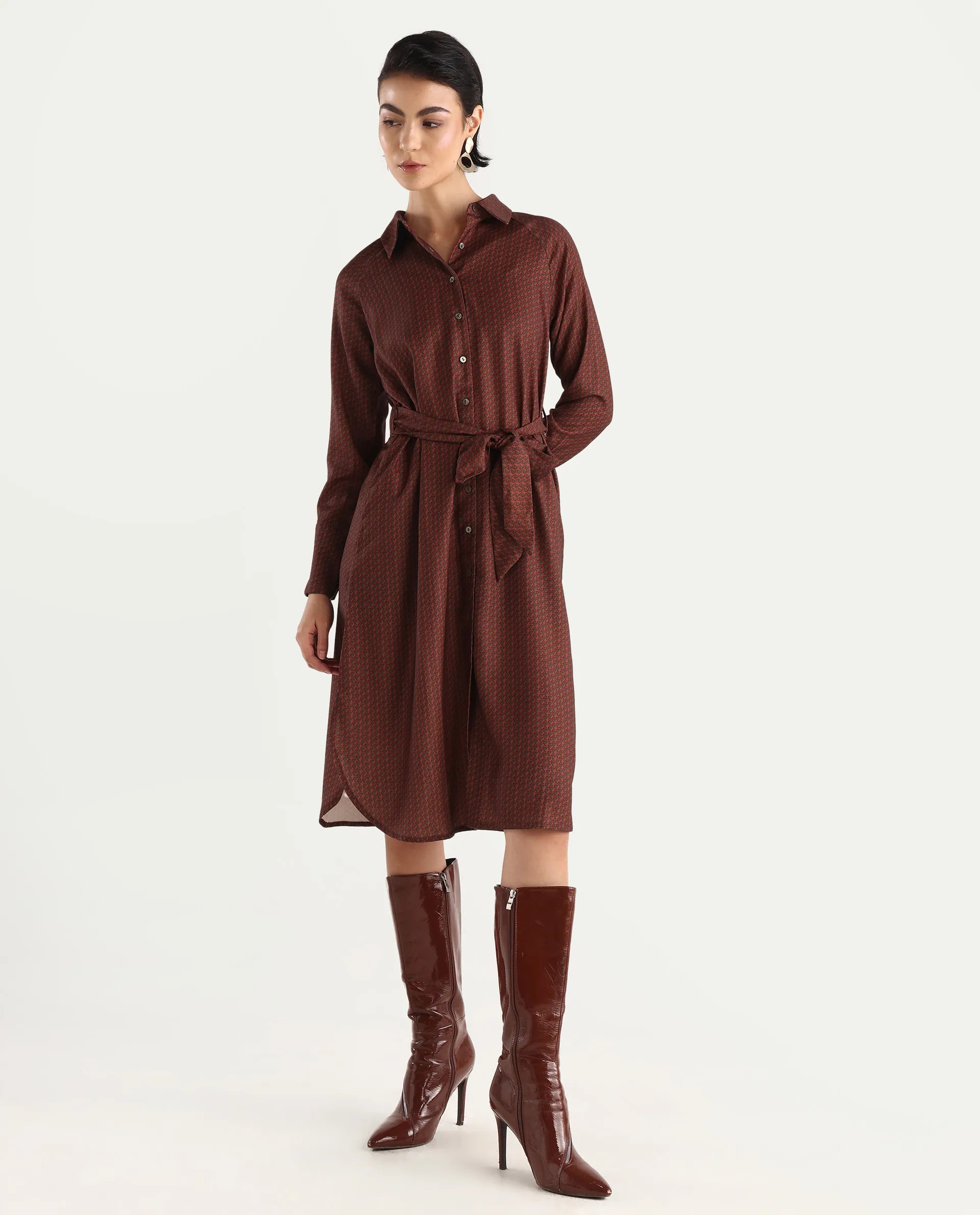 Rareism Women's Paari Multi Polyester Spread Collar Plain Cuffed Sleeve Midi Straight Fit Dress