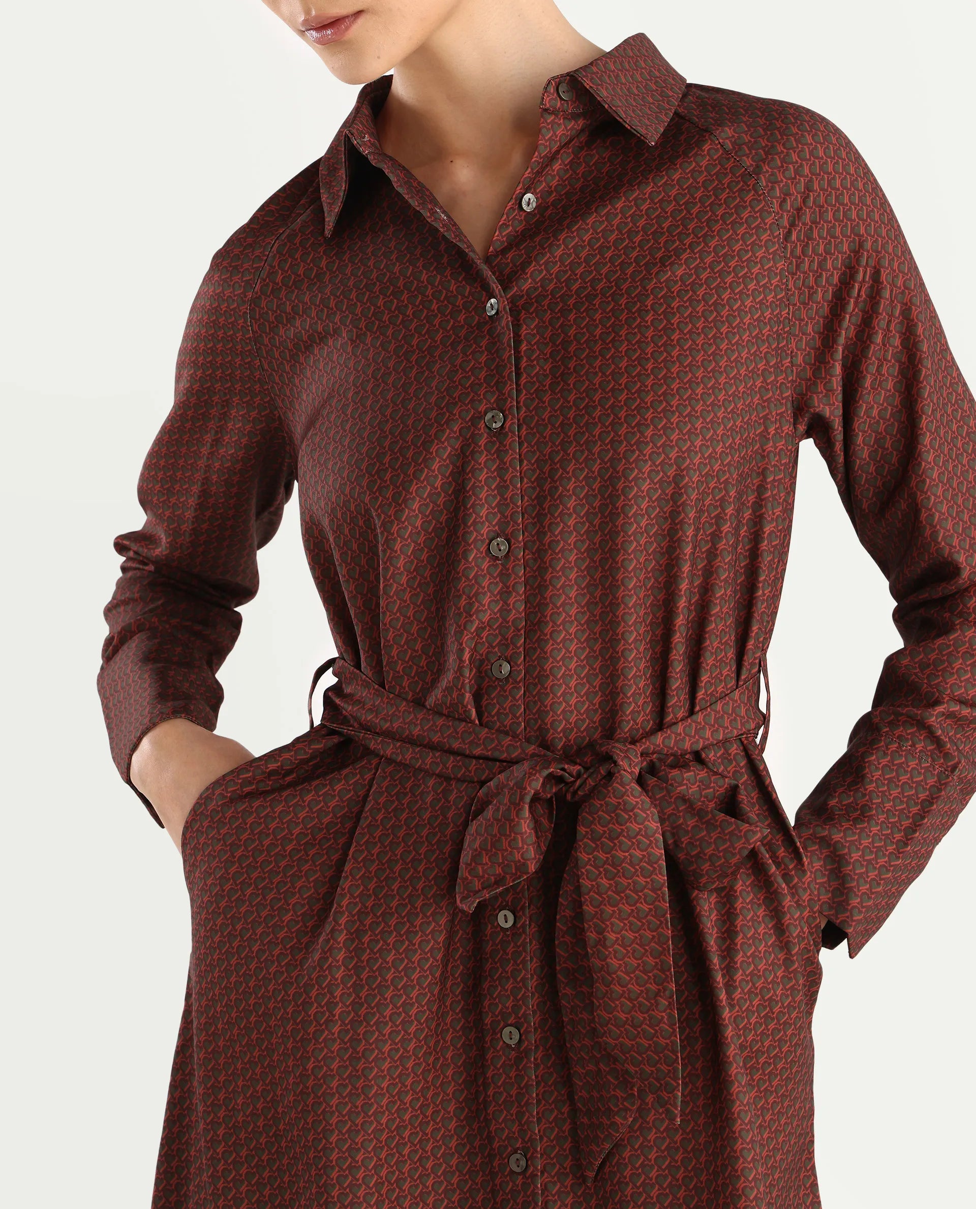 Rareism Women's Paari Multi Polyester Spread Collar Plain Cuffed Sleeve Midi Straight Fit Dress