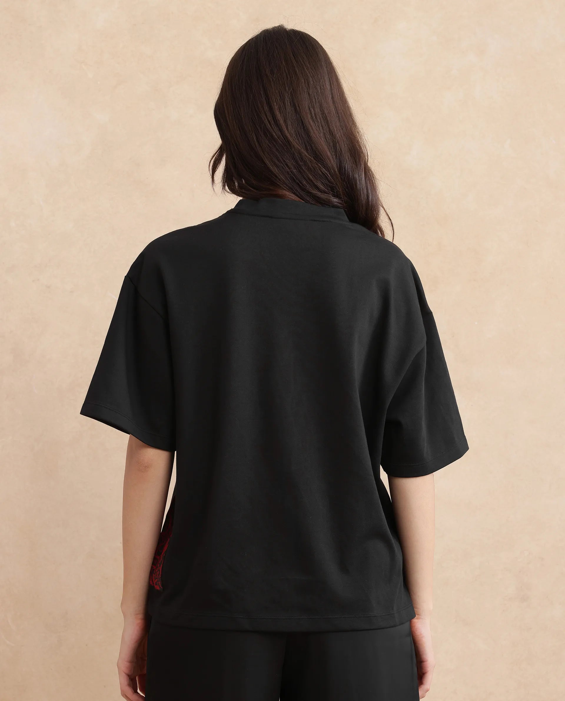 Rareism Women Pach Black Polyester Fabric Short Sleeve Relaxed Fit Plain T-Shirt