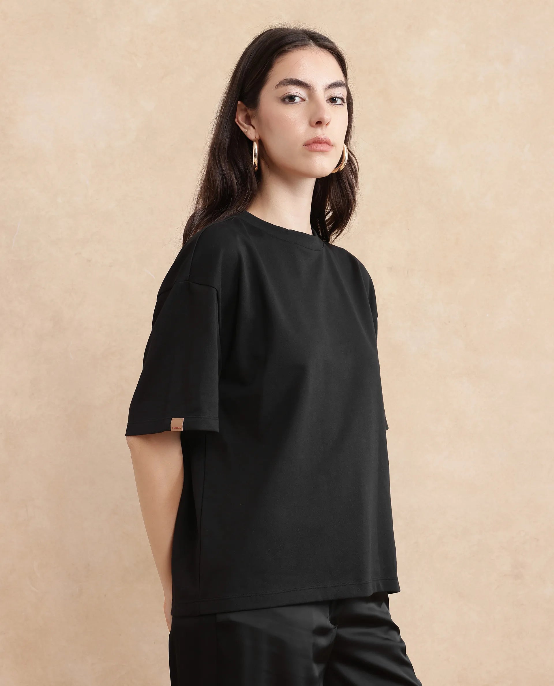 Rareism Women Pach Black Polyester Fabric Short Sleeve Relaxed Fit Plain T-Shirt