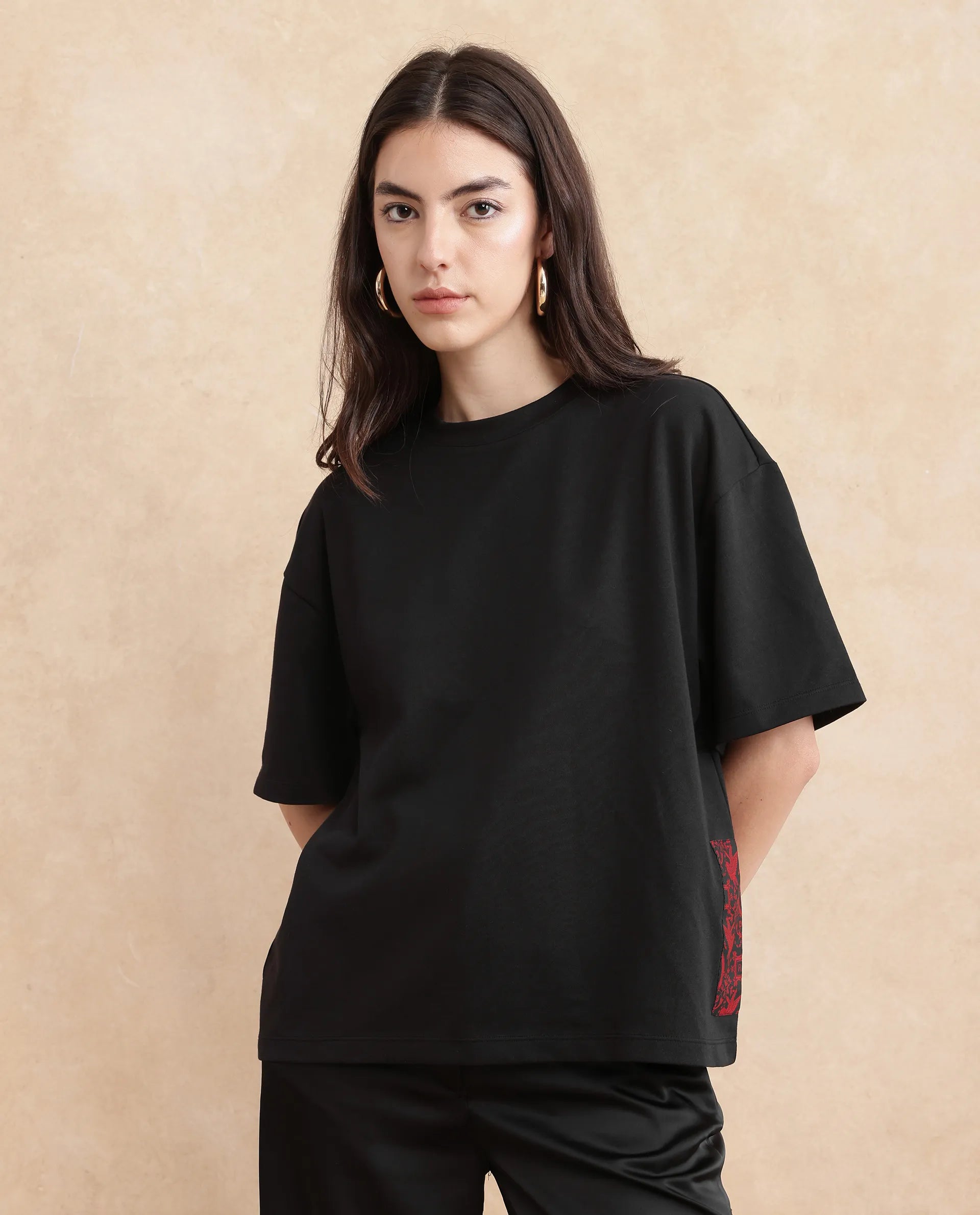 Rareism Women Pach Black Polyester Fabric Short Sleeve Relaxed Fit Plain T-Shirt